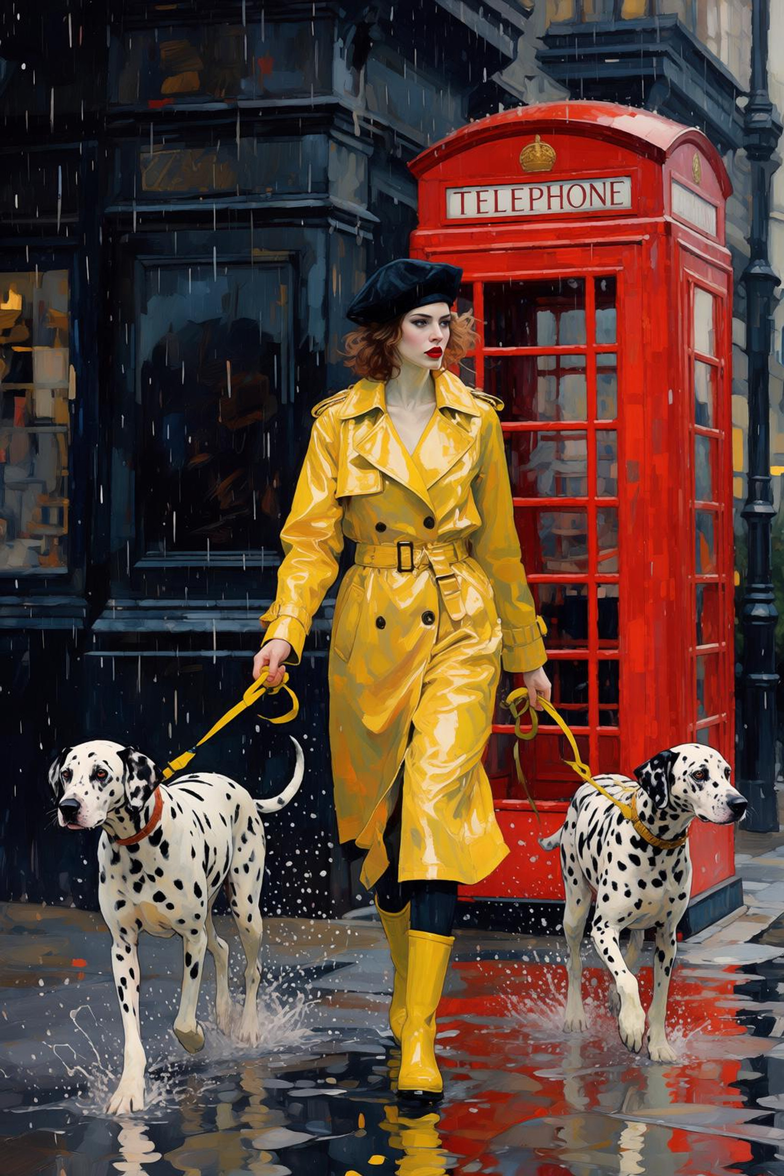 kaoruyamada2q painting.  
Woman walking two Dalmatians on a rainy London street. She is dressed in a glossy, bright yellow trench coat with a matching belt and yellow rubber rain boots, wearing a chic black beret and bold red lipstick. She strides confidently to the left, holding two yellow leashes as the spotted dogs trot ahead through puddles, creating small water splashes. Directly behind her is an iconic bright red British telephone booth, which provides a sharp color contrast against the dark, matte black facade of the building in the background. She is looking off camera over her shoulder.  <lora:Qwen-Image-Lightning-4steps-V2.0:0.5> <lora:kaoruyamada2q_d16a8e7:1.0><lora:TA-2026-02-01-02-31-02-kaoruyamad-66:0>
