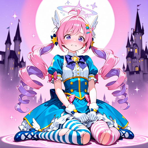 masterpiece, best quality, amazing quality, full body, 1girl, solo, magical girl, purple eyes, tearing up, multicolored hair, two-tone hair, pink hair, purple hair, ahoge, star hair ornament, wing hair ornament, drill hair, twin drills, pink halo, blue dress, center frills, purple bowtie, puffy short sleeves, sleeve bow, pink bow, white gloves, striped pantyhose, winged footwear, wariza, torn clothes, torn dress, castle, two-tone background, pink background, purple background, blurry background, watercolor \(medium\) <lora:illustriousXLv01_stabilizer_v1.198:0.5>