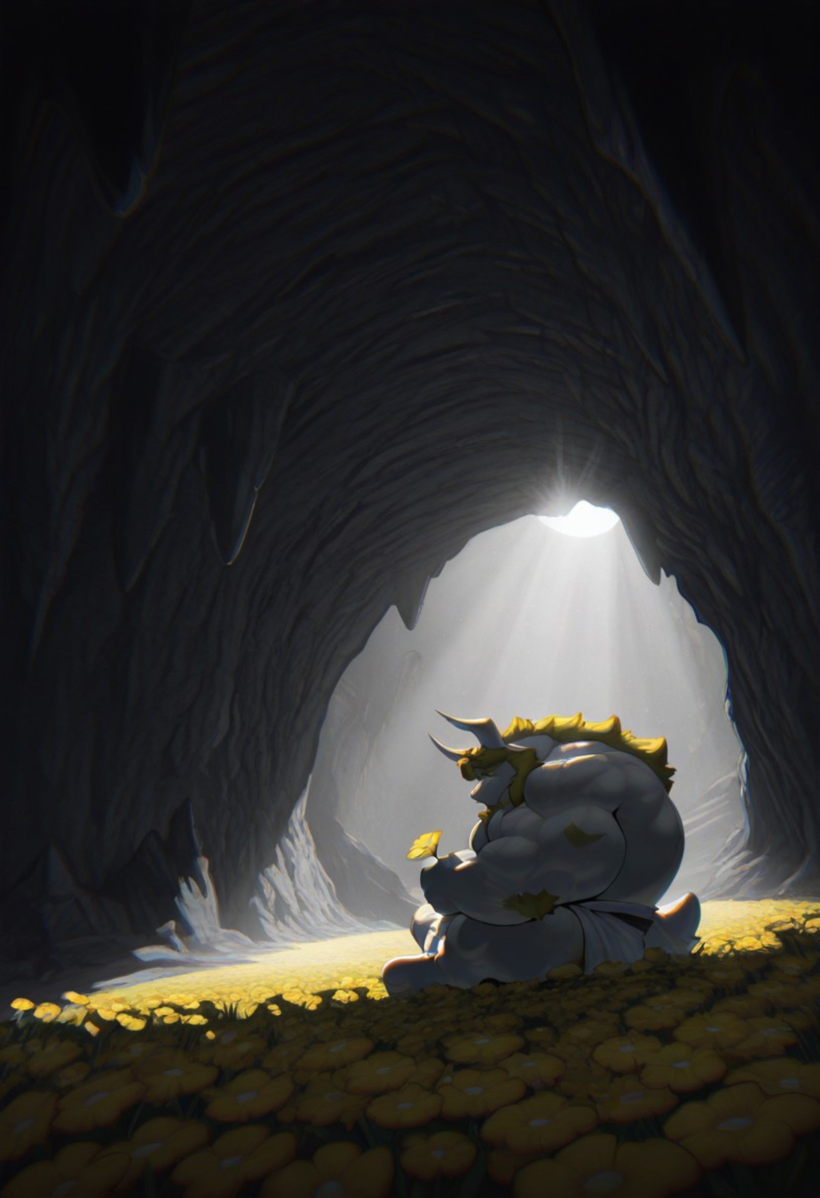 1boy, solo, highres, absurdres, newest, masterpiece, anthro, furry, AsgoreUT, muscular male, huge muscles, broad shoulders, huge pectorals, horns, white fur, yellow hair, body hair, hairy,
white cloth around waist, 
sad, sitting, Indian style, holding yellow flower, holding flower, 
yellow flowers, flower field, grass, cave, cavern, 
spotlight, underlighting,
wide shot, from above, from side,
heavy shadows, chromatic aberration, monochrome,
close up, creative angle, dynamic pose, foreshortening, extreme perspective, high resolution, extremely-detailed, detailed fur, detailed muscles, cinematic lighting, masterpiece