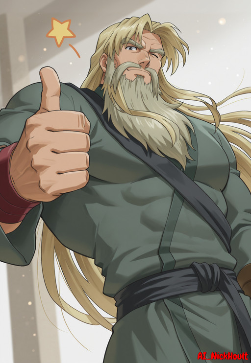 Furinji, mature male, muscular build, long blond hair, thick eyebrows, dark eyes, prominent long blond beard, light skin, facial hair, 
Greenish-grey robe, long sleeves, black sash, red wrist bands,
BREAK, 
solo, dynamic angle, dutch angle,hick arms, portrait, looking at viewer, thumbs up, wink, star, one eye closed,
,BREAK, 
  Smooth_Quality, bokeh, dutch angle, dynamic pose, dynamic angle, depth of field, blurry background, cinematic, very awa,  best quality, 8k resolution, masterpiece, best quality, absurdres, perfect quality, detailed background, intricate details, perfect anatomy, details, perfect anatomy, perfect body proportions, masculine_face, strong_gaze, firm_expression, confident_look, male_focus, serious_expression, masterpiece, best quality, perfect quality, very awa, absurdres, newest, very aesthetic, 
<lora:detailed_notrigger:1.0> <lora:Hayato_Furinji_-_Kenichi_history_strongest:1.0>