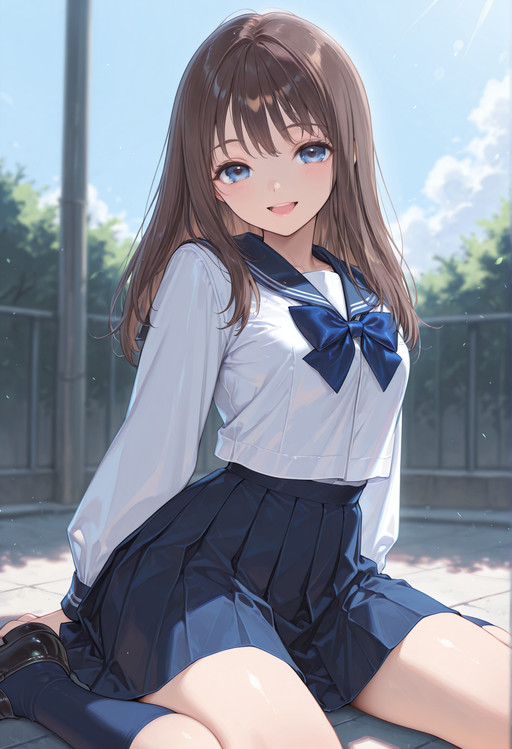 nsfw, 1girl, masterpiece, amazing quality, hyper detailed, 4k, backlighting, ((blurry background)), detailed eyes,
((wariza)), posing, blue sky,
dappled sunlight,
looking at viewer, happy smile, open mouth,
shiho_ksg, uniform_shiho, long hair, brown hair, blue eyes, small breasts, 
neck bow, blue bow, white serafuku, untucked shirt, long sleeves, blue skirt, medium skirt, pleated skirt, 
blue socks, knee highs, black loafers, 
<lora:ShihoKasuga:1>