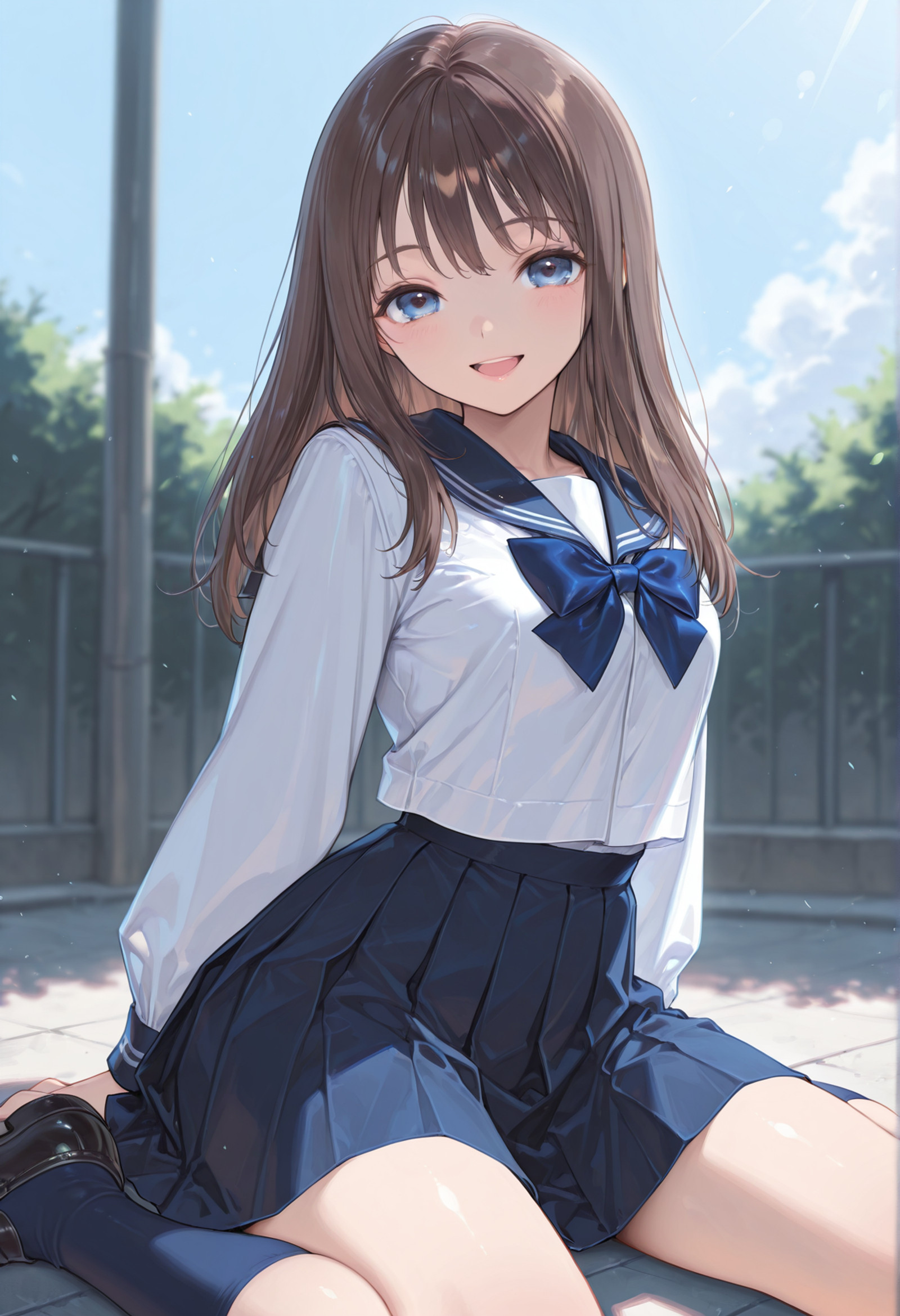 nsfw, 1girl, masterpiece, amazing quality, hyper detailed, 4k, backlighting, ((blurry background)), detailed eyes,
((wariza)), posing, blue sky,
dappled sunlight,
looking at viewer, happy smile, open mouth,
shiho_ksg, uniform_shiho, long hair, brown hair, blue eyes, small breasts, 
neck bow, blue bow, white serafuku, untucked shirt, long sleeves, blue skirt, medium skirt, pleated skirt, 
blue socks, knee highs, black loafers, 
<lora:ShihoKasuga:1>