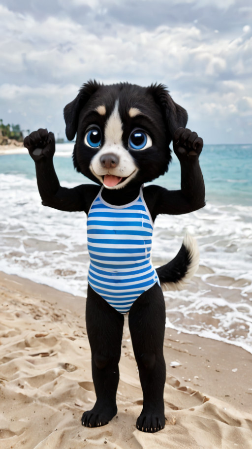 solo, female,  beach,  anthro dog,  white fur, young, cub, black fur, blue eyes,  white nose, black ears, looking pleased,  (tail,:1.1) bold, swimsuit,