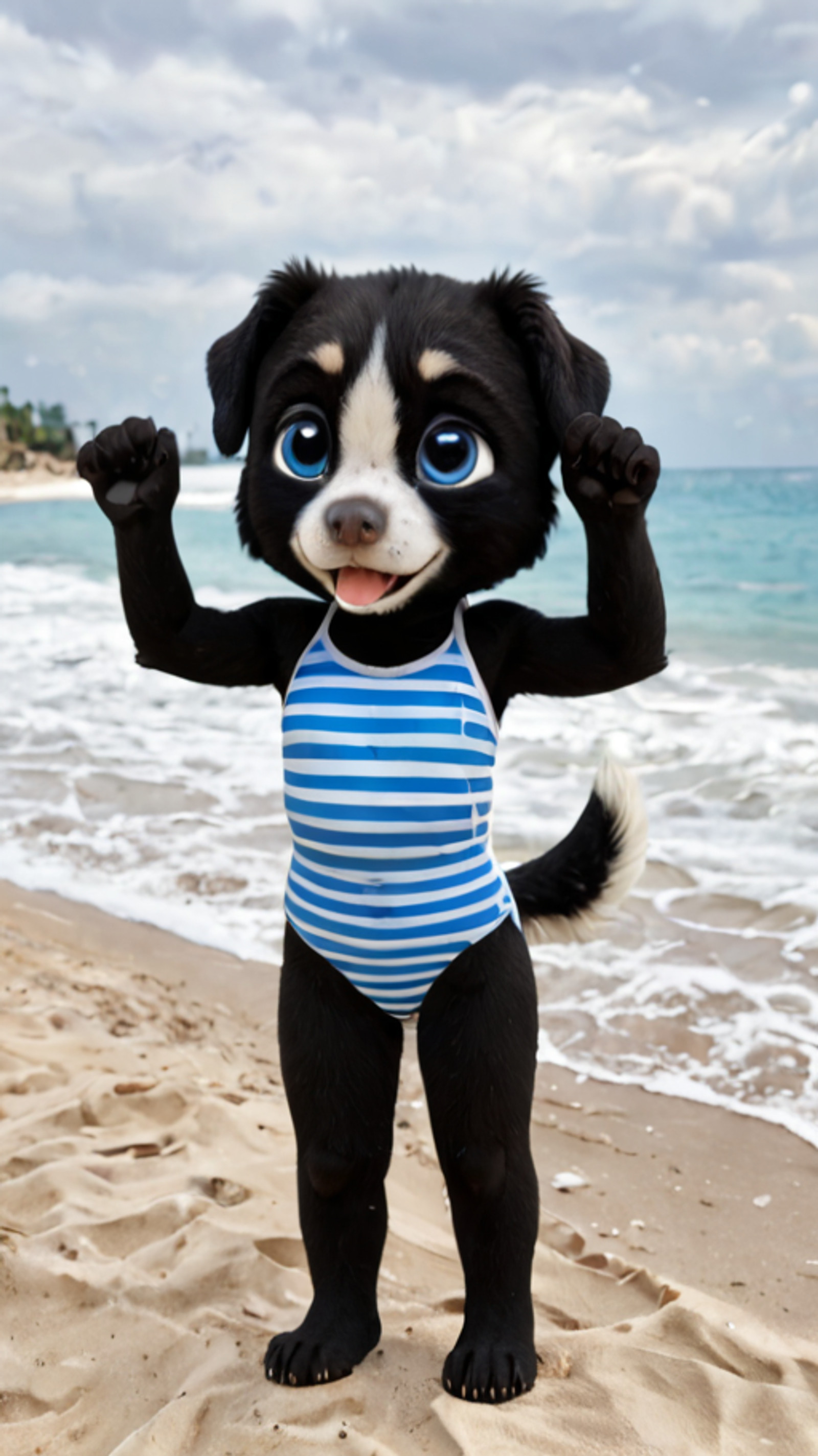 solo, female,  beach,  anthro dog,  white fur, young, cub, black fur, blue eyes,  white nose, black ears, looking pleased,  (tail,:1.1) bold, swimsuit,