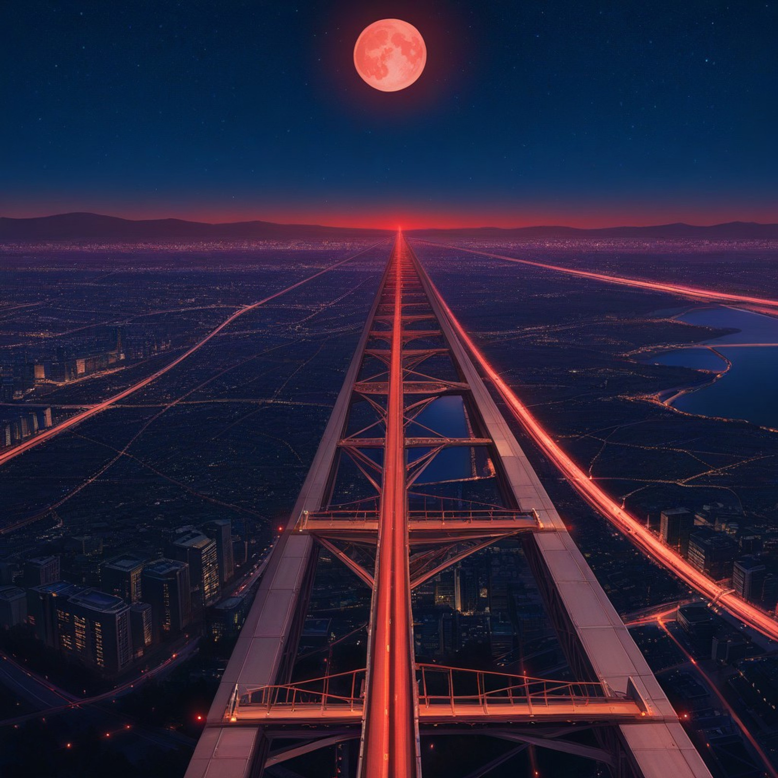night, no humans, landscape, red light, city, moon, star (sky), highway bridge, panoramic view, high quality, perfect details, hi res, 4k, cinematic lighting