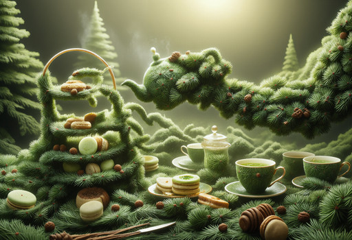 fir needle style, made out of fir needles, masterpiece, best quality, very aesthetic, 4k, an elegant surreal high tea service where everything is magically transformed into green fir needles, a tiered cake stand entirely textured with sharp fir needles holding prickly fir needle macarons and delicate pastries, pouring hot tea that looks like liquid pine sap with floating green needles, fine teacups crafted from dense evergreen foliage, a sophisticated table setting, dreamy magical lighting, soft sun rays, whimsical, absurd but highly detailed and photorealistic <lora:fir-needles-flux-v1:1> <lora:Challenge_Winnifier_ENTERPRISE_EDITION_epoch_5:1>