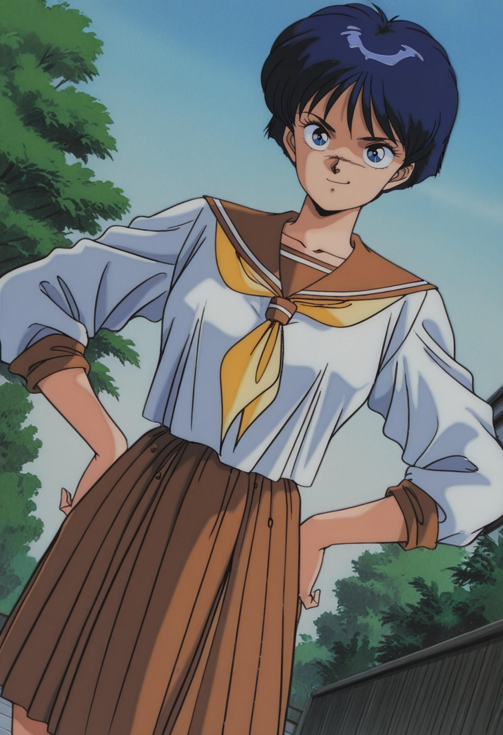 <lora:IL_Kazumi_Kishida_-_Ariel:1>official art, detailed art, ultra detailed art, masterpiece, anime coloring, finetuneanime, anime screencap, retro artstyle, 1980s \(style\), kasumikishi, 1girl, solo, blue eyes, blue hair, short hair, blue eyes, medium breasts, curvy, medium hips, serafuku, brown school uniform, sailor collar, yellow neckerchief, white shirt, long sleeves, brown skirt, pleated skirt, white socks, loafers,
BREAK
cowboy shot, standing, hands on hips, smirk, looking at viewer, dutch angle, 
outdoors, blue sky, day, aesthetic, very aesthetic,