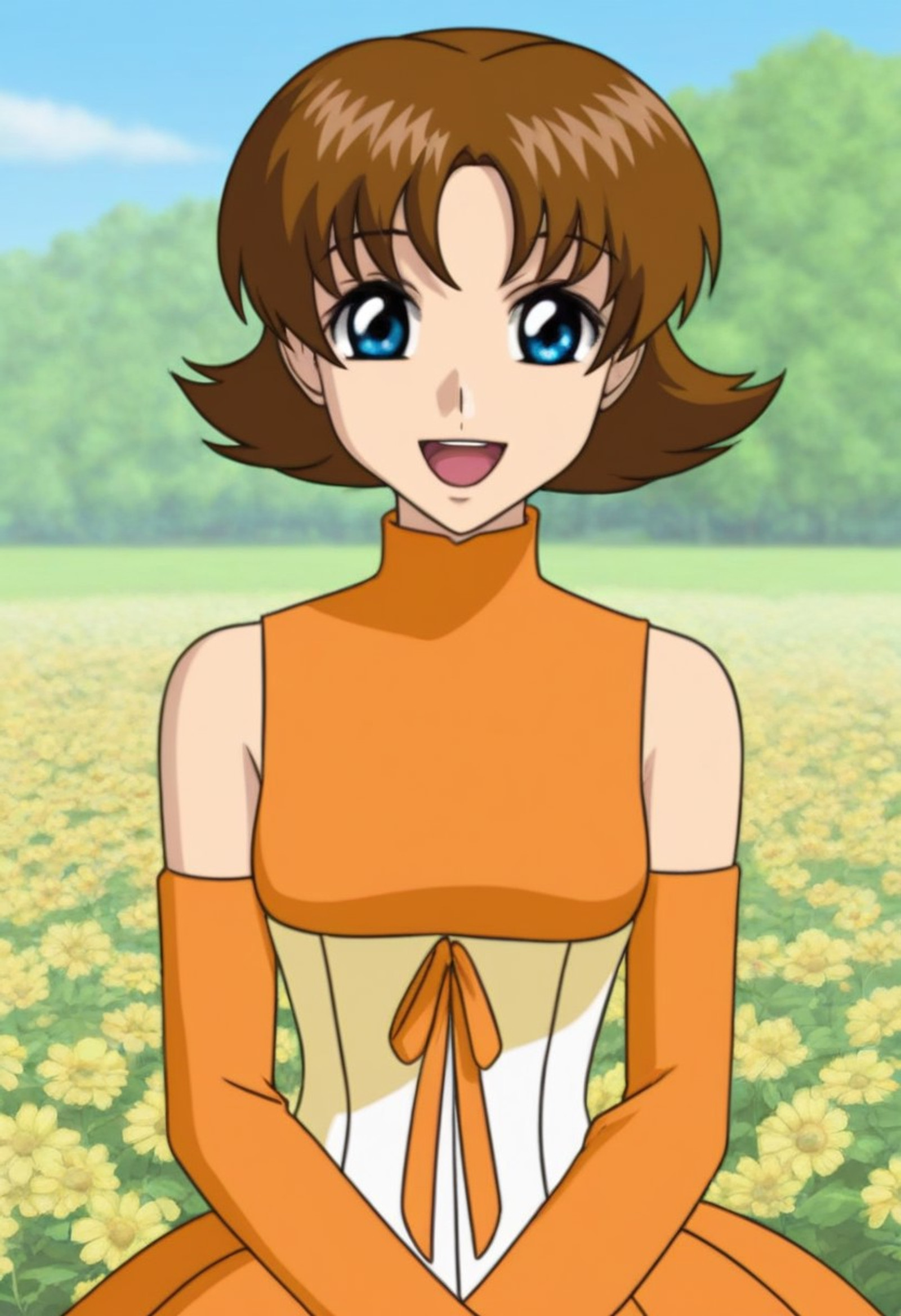masterpiece, best quality, absurdres, (queenbuon), face focus, front view, 1girl, solo, looking at viewer, smile, <lora:Miriallia_Haw_Gundam_SEED_Pony:0.8>,miriallia,1girl,solo,blue eyes,brown hair,short hair,flipped hair, orange dress, sleeveless dress, turtleneck, bare shoulders, detached sleeves, orange sleeves, medium breasts, frill skirt, orange skirt, cute, open mouth, happy, outdoors, grassland, flowers background, blue sky background,