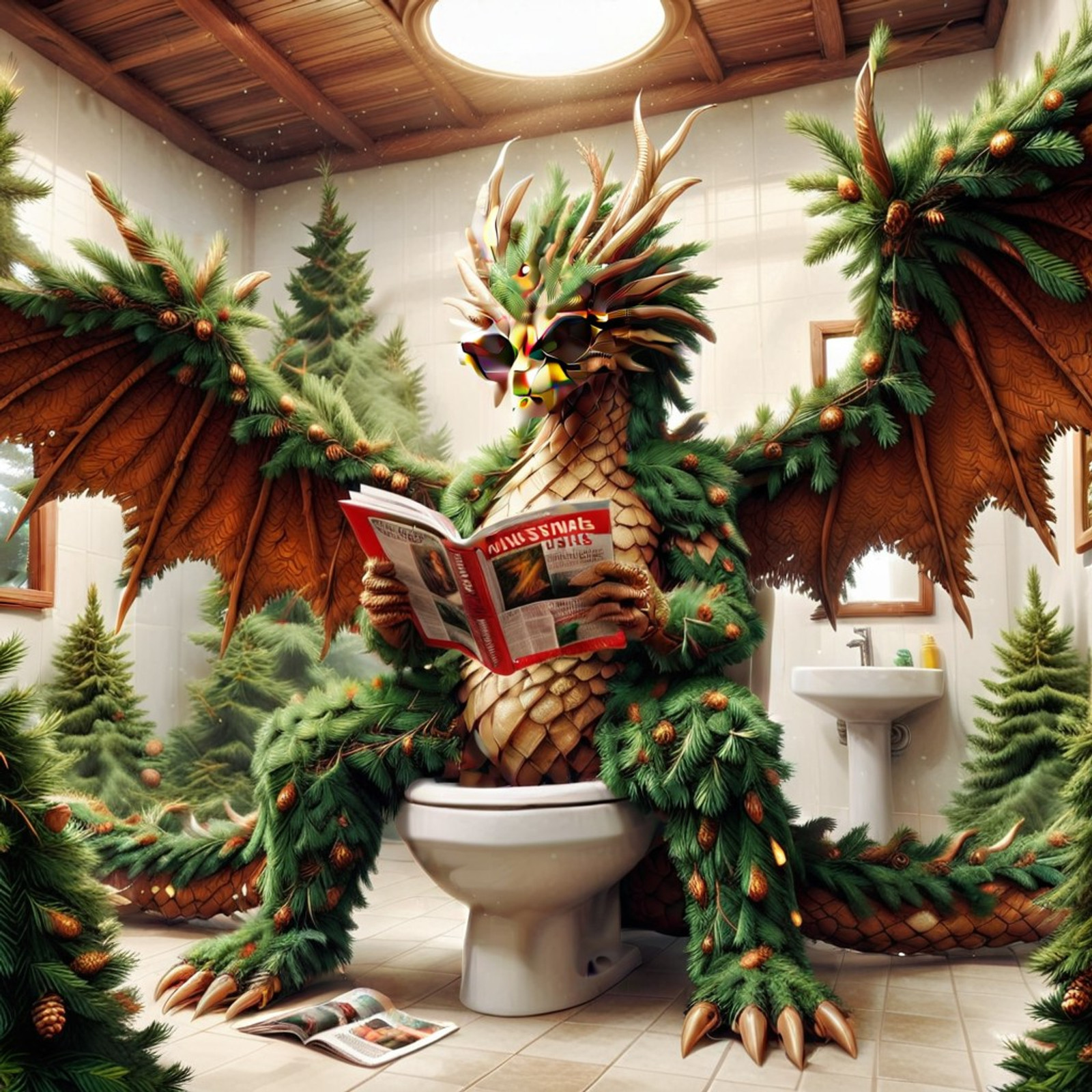 fir needles, bone fir needles Dragon, A massive humanoid dragon made of fir needles sitting on a toilet, has afro, wearing massive sunglasses, reading a magazine. in a bathroom, magazine in hand, sunglasses, massive sunglasses, light reflecting on sunglasses, reading magazine, sitting on toilet, in a fir needles bathroom, fir needles wings, (wall style made out of fir needles), ((surreal)), ((witty)), ((aeaesthetic))humorous, raining needles, greenery outer space made of fir needles, masterpiece, high quality, highly detailed texture.