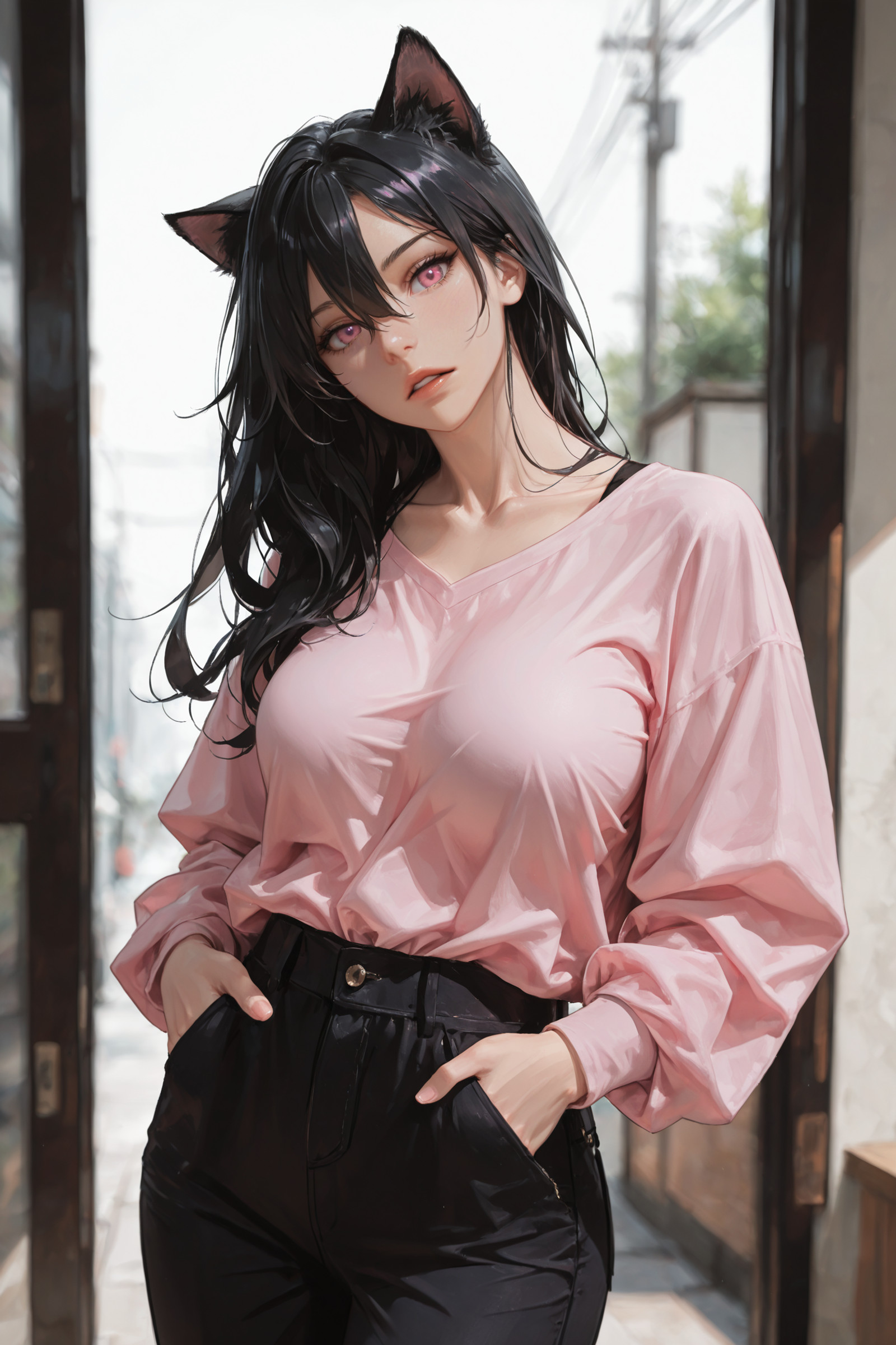 (1girl, solo, long hair, breasts, looking at viewer, shirt, black hair, long sleeves, animal ears, hair between eyes, collarbone, parted lips, pants, cat ears, pink eyes, head tilt, pink shirt, hands in pockets:0.5) masterwork, masterpiece, best quality, detailed, depth of field, , high detail, best quality, very aesthetic, 8k, dynamic pose, depth of field, dynamic angle, adult, aged up,