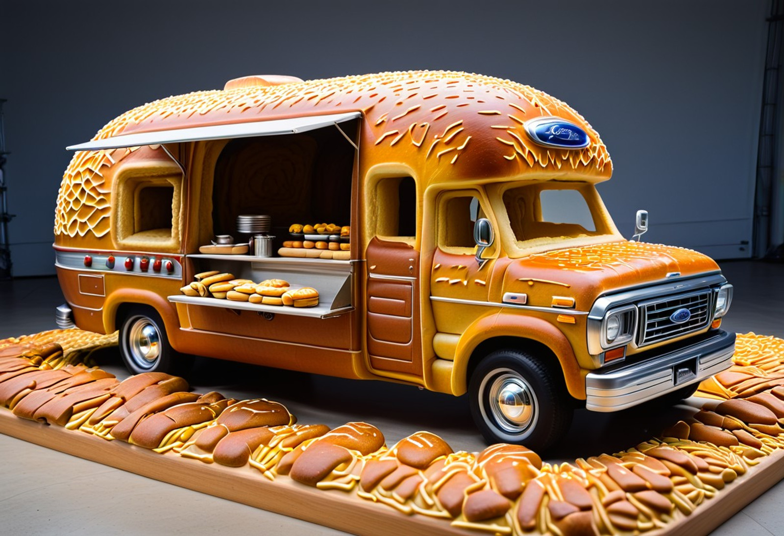 a ford F250 made of bread and a airstream made of bread