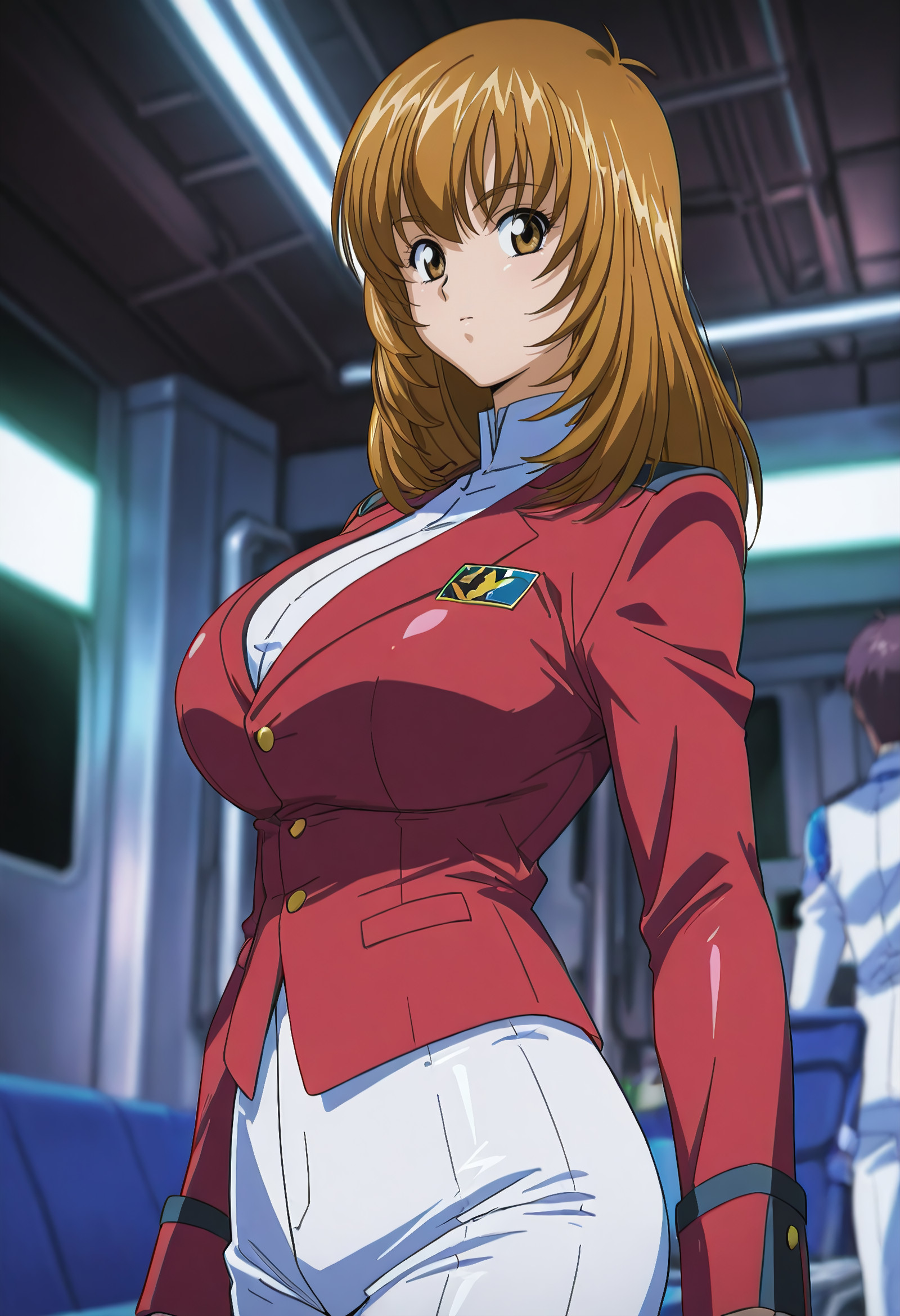   smooth skin, highly detailed, blurry background,, 
  volumetric lighting, ,hgraphi, shiny skin,shiny,,  anime coloring, (cirima:0.7)
1girl, ,         
huge breasts, 
looking at viewer,   
akizukiaoi, brown eyes, brown hair,    long hair,   uniform, red jacket, white suit, 