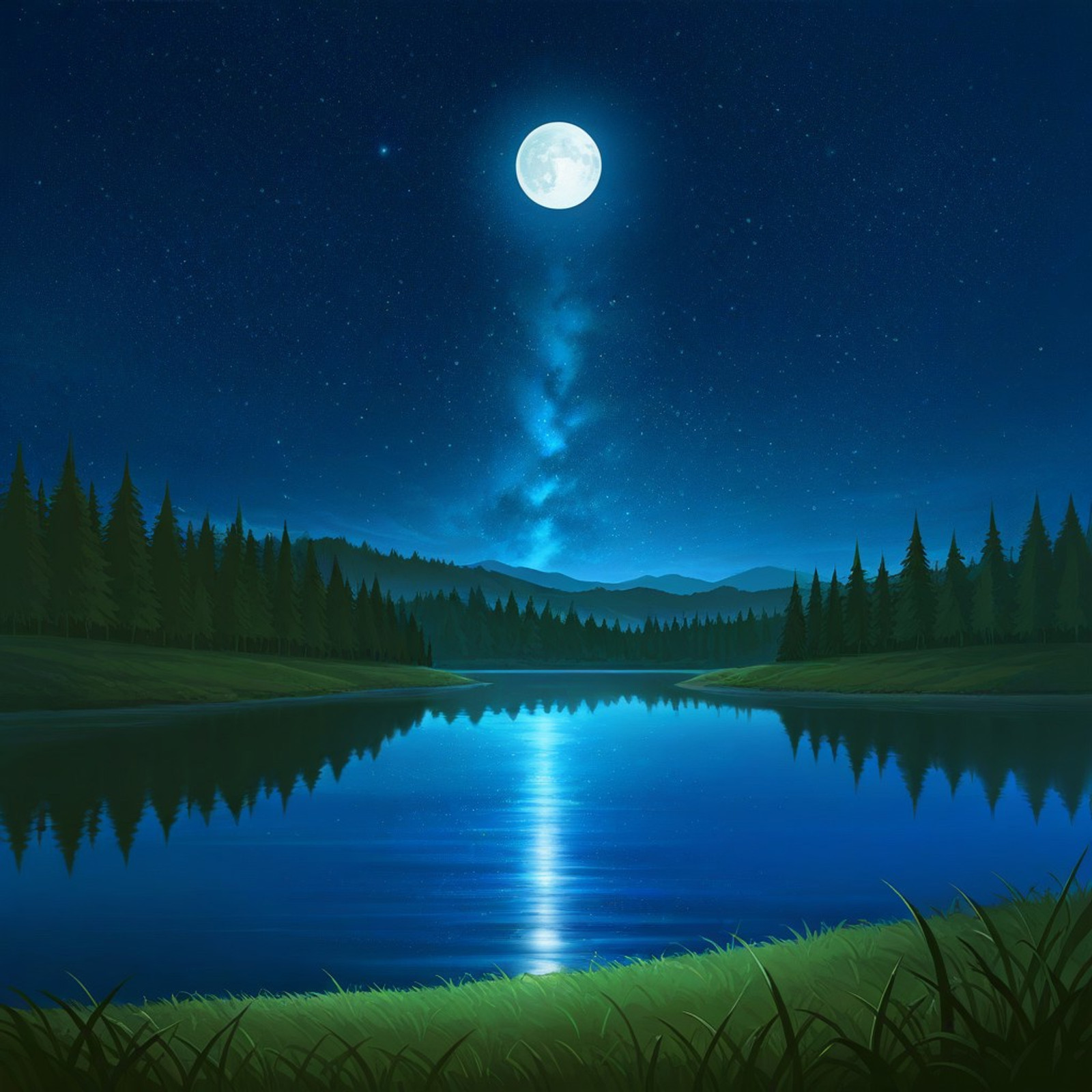 night, no humans, landscape, moon, star (sky), field, lake, forest, high quality, full HD, highres, cinematic lighting