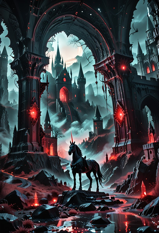 SPABSTRA, high contrast, glowing line, crimson glow, distant gothic silhouette, glowing obsidian crystals, reflective crystal, obsidian-red glow, fog, Gothic elements,
fantasy, from below , valley, castle, bridge, tower, forshortening, unicorn statue, unicorn gate
