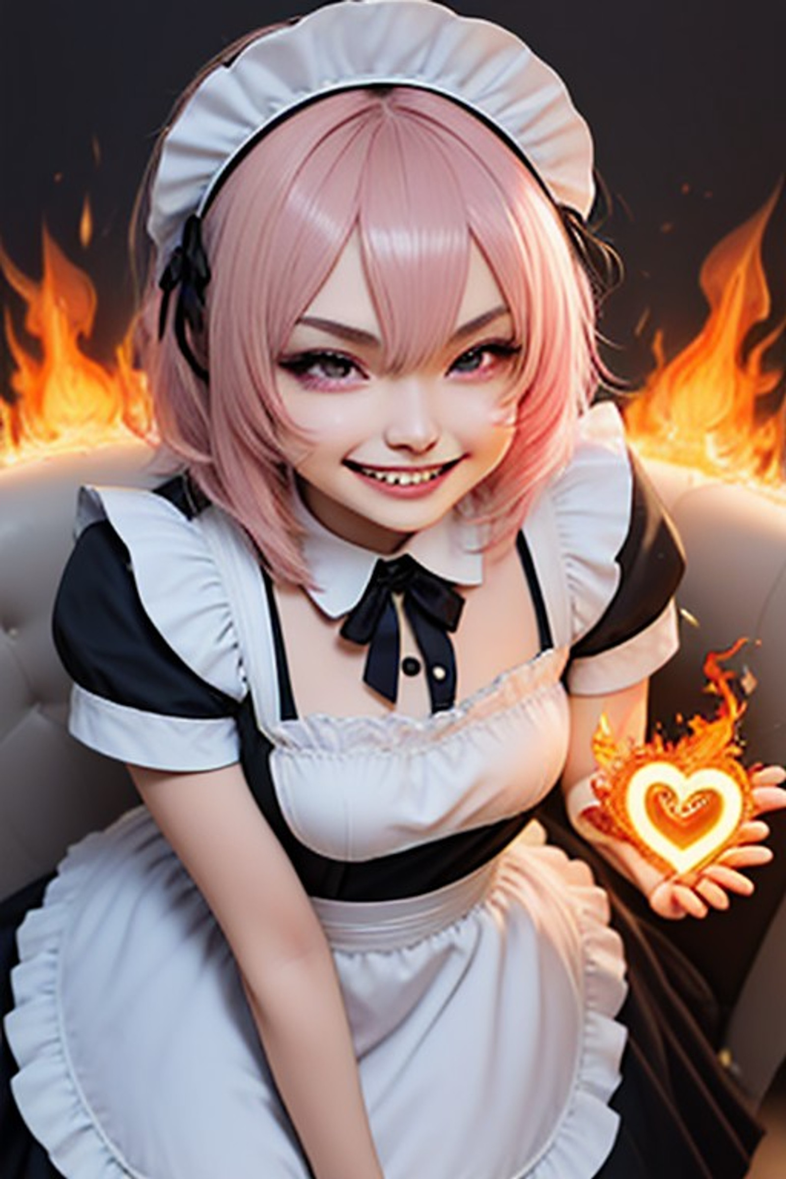 1girl, <lora:CivChan:1> CivChan, pink hair, evil grin, teeth, black maid wear, intense eye contact, close proximity, heat, fire, dramatic lighting, (Heart on Fire:1.2), (flames in background:1.2), Stable_Yogis_SD1.5_Positives