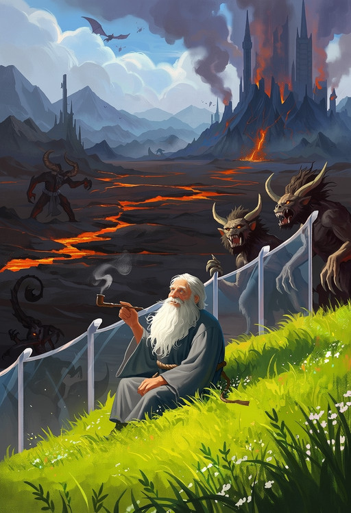 Painterly classic fantasy scene rendered in rich oil-on-canvas texture, with visible brushwork, soft grain, and smooth color gradients. In the foreground, positioned along the lower third of the composition, a contented elderly mage sits comfortably on a small hillock covered in vivid, bright green grass. He has a long flowing white beard, calm blue eyes, and wears a simple gray robe tied with a rough rope belt. A wooden pipe rests between his fingers as faint curls of smoke drift upward, catching the warm daylight. His posture is relaxed and almost amused, as if fully aware of the chaos beyond yet untouched by it.
The scene is sharply divided into two contrasting realms. The foreground and immediate surroundings are bathed in cheerful, high-fantasy lightâlush vegetation, cute lawn, and clear skies rendered in warm tones with gentle highlights and global illumination. This peaceful half feels alive, vibrant, and harmonious.
Just beyond the mage, however, a transparent magical barrier stretches across the landscape, subtly visible through distortions in light and faint shimmering edges. It forms a perfect boundary between worlds. On the far side, the environment shifts dramatically into a nightmarish dark fantasy realm. The sky turns heavy and oppressive, filled with ash and dim, toxic light. Jagged black spires pierce the horizon while rivers of molten magma carve glowing paths through cracked terrain.
At the edge of the barrier, grotesque monsters press forwardâtwisted, varied forms snarling, clawing, and raging, their eyes fixed on the serene mage they cannot reach. Some slam against the invisible wall, causing ripples of magical energy to shimmer across its surface. In the distance, towering demonic figures roam the wasteland, winged horrors circle in the sky, and a massive citadel rises from the volcanic landscape, radiating dark power.
The composition emphasizes contrast and scale: the calm, intimate presence of the mage against the overwhelming chaos beyond. Strong perspective lines draw the eye from the peaceful foreground into the vast, hostile background. Lighting is high-contrast yet naturalâbright daylight illuminating the mageâs side, fading into darker, harsher tones across the barrier. The overall image blends classic high fantasy warmth with gothic horror intensity, creating a striking visual narrative of isolation, protection, and quiet defiance.
<lora:- zImage - cinematic_atmo_TE_mrk_1.0:0.6> <lora:LightPoem_SoloLoRA_ZIBv2:0.6> LightPoem