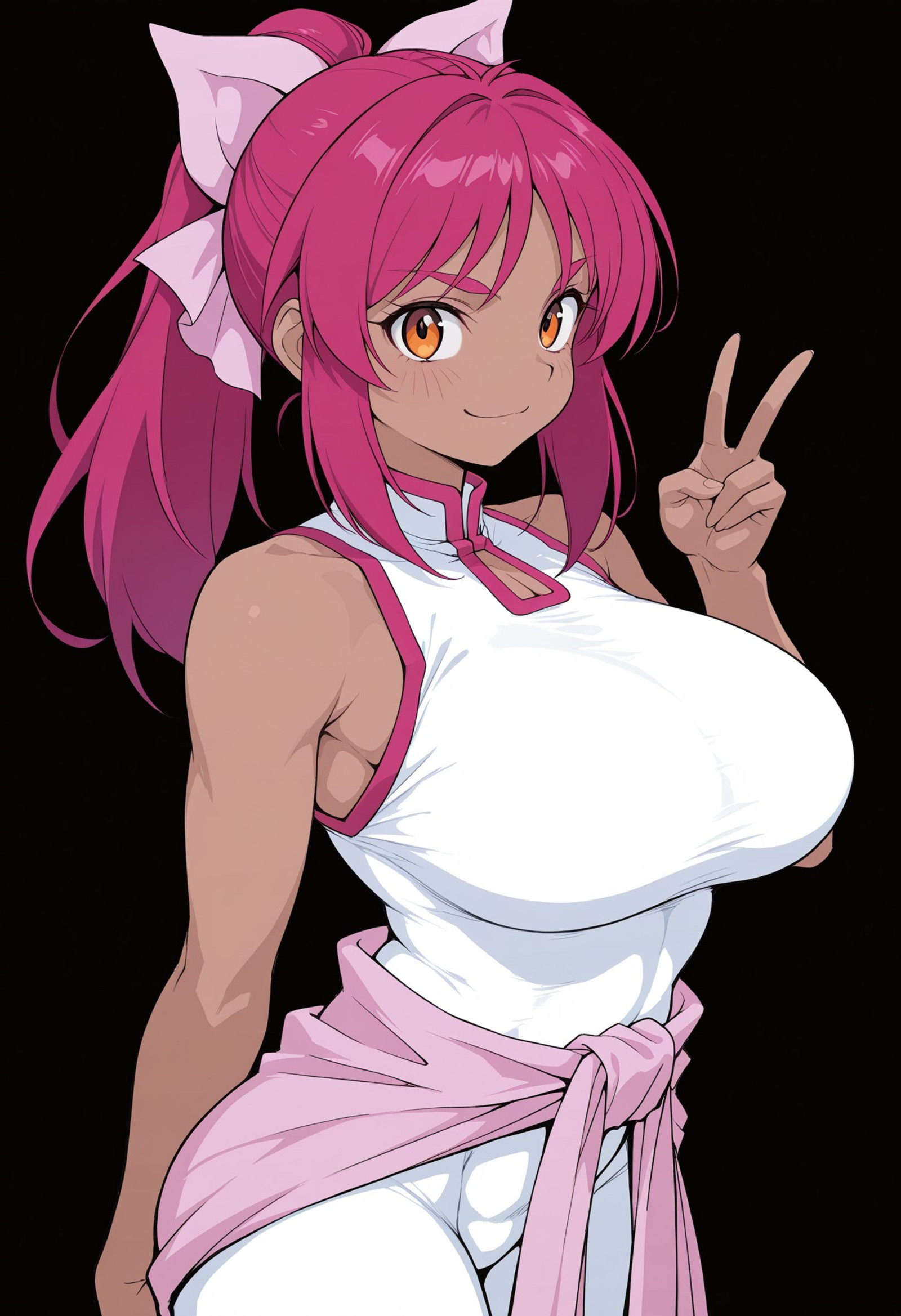 Masterpiece, best quality, absurdres, perfect quality, 1girl, solo, Pink Hair, Long Hair, Ponytail, Hair Bow, Pink Bow, Fake Animal Ears, Orange Eyes, Dark Skin, Dark-skinned Female, Sleeveless, White Bodysuit, Bodysuit, Chinese Clothes, Clothes Around Waist, breasts, black background, simple background, cowboy shot, v, confident, smile, closed mouth, curvy, athletic