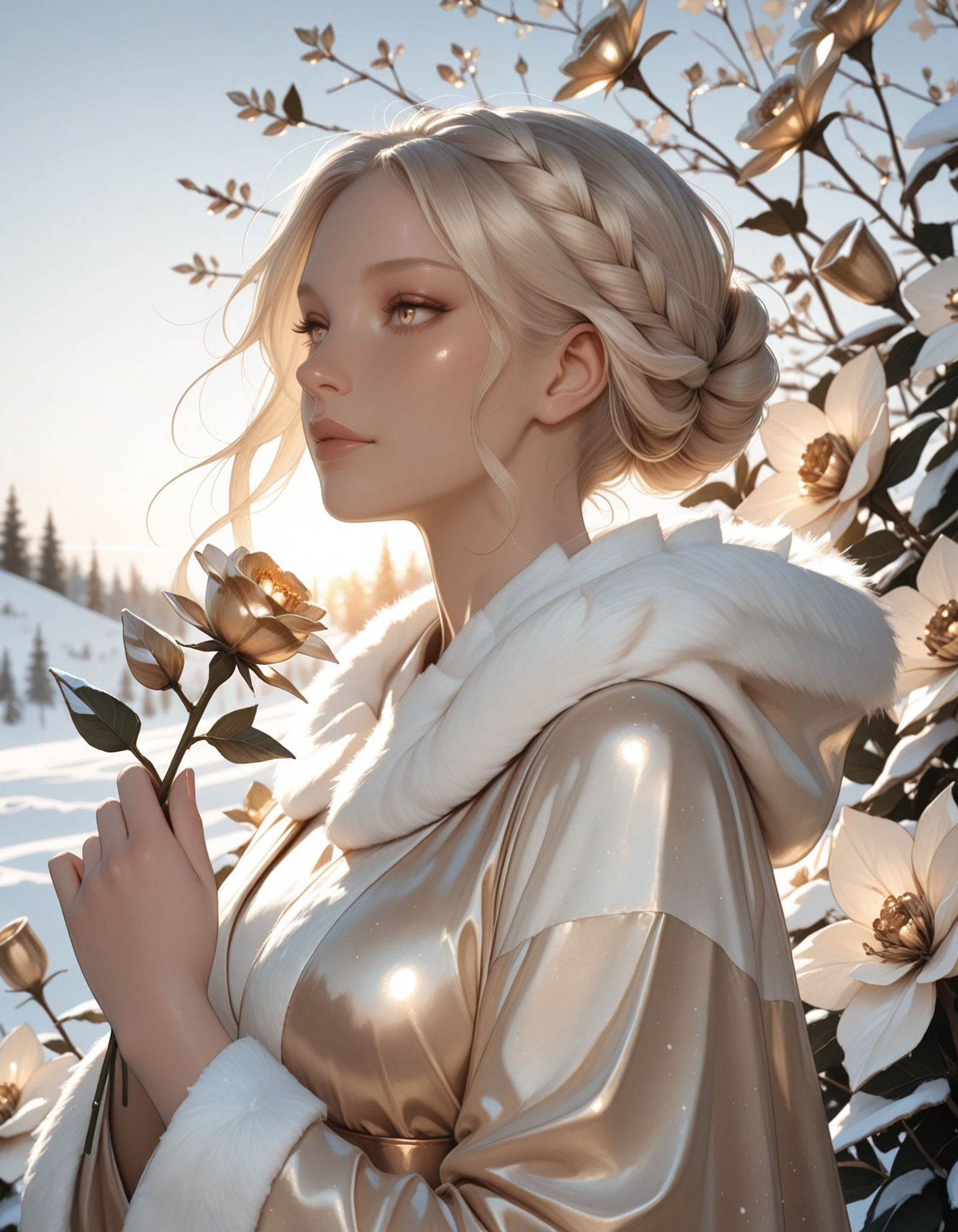 Masterpiece, Best quality Backlights, ultra-detailed quality, dynamic composition, natural lighting, solo,
<lora:OCLiine:1.0>
OCLiine, blonde hair, gold eyes, updo, 
in winter,seasonal flower,seasonal background,flower background, posing
