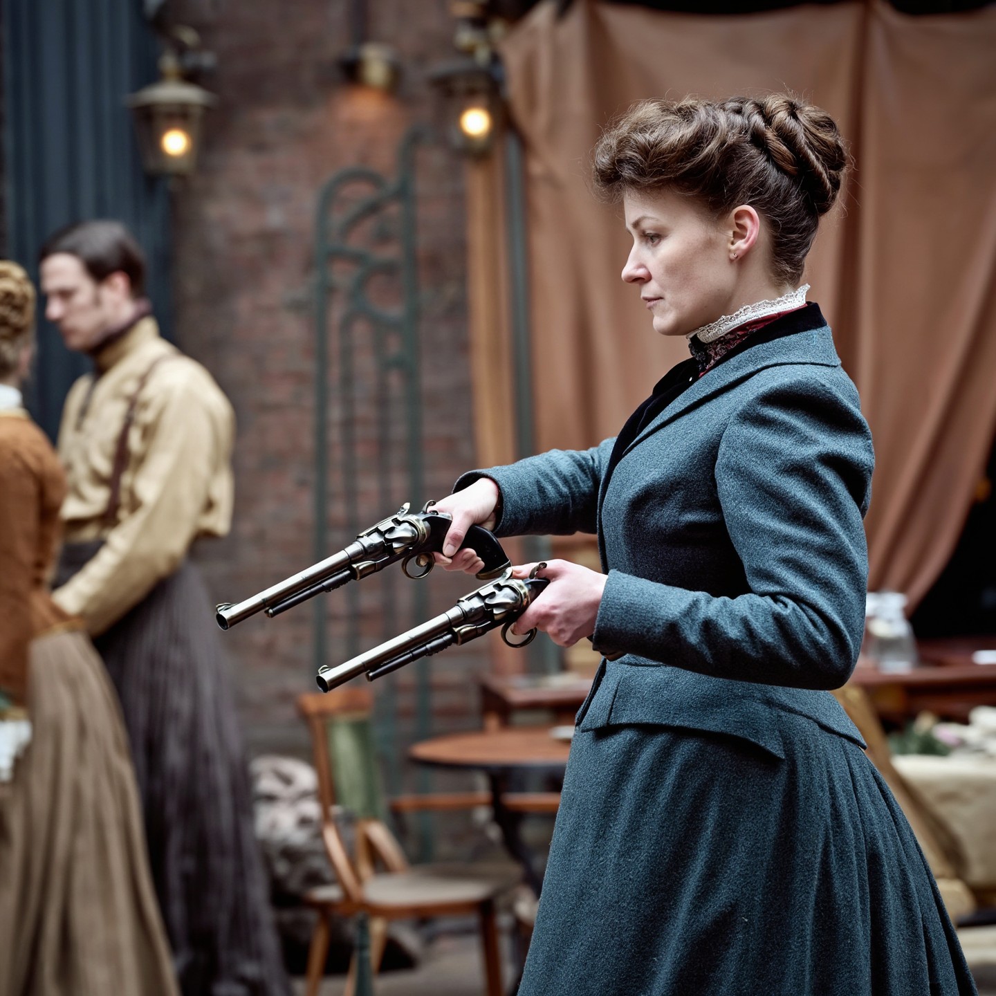 Cinematic photograph, side view. A busy scene. Victorian lady wearing crossed pistols
