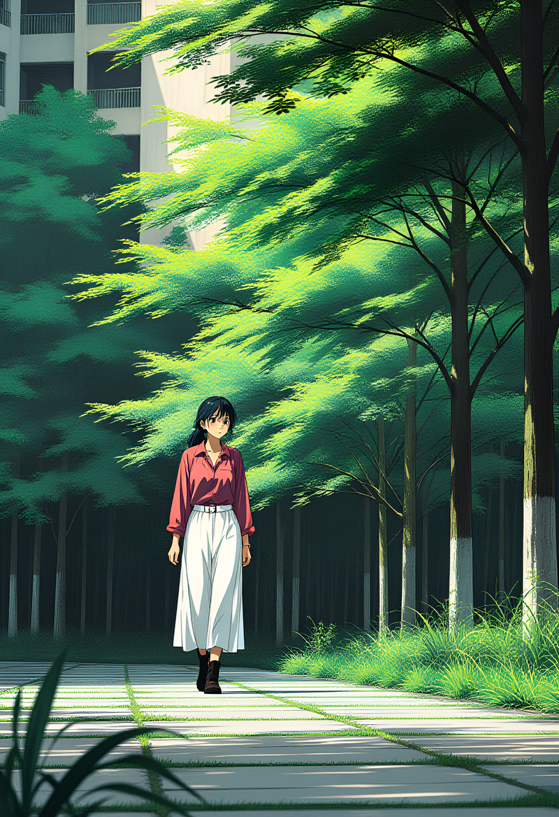 anime style, A young woman walking alone on paved path with grass growing between the stones, surrounded by lu