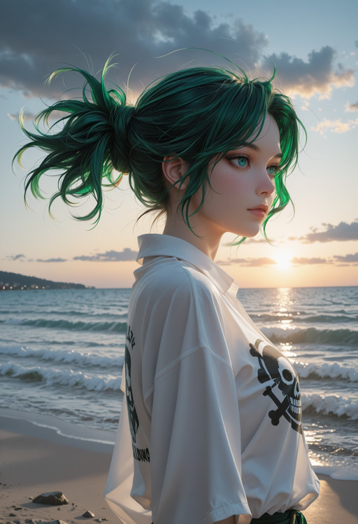 ultra-HD, 8K, ultra detailed, concept art, masterpiece, best quality, amazing quality, newest, absurdres, highres, masterwork, detailed, high detail, very aesthetic, great atmosphere, amazing ambience, perfect composition, sharp focus, dramatic lighting, intricate, dynamic, rich color, (teal and white theme), scenic, background, ((tattered pirate shirt, windblown hair, tropical island beach, stormy horizon and lightning)), 1girl, [iesupa:chengongzi123:7], [cutesexyrobutts:quasarcake:7], (naga_u:0.6), ambient light, glowing, elegant, highly fried complex, beautiful
