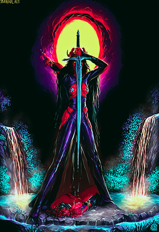 adult, ageg up, mature, anime_screenshot, bushes, wilderness, waterfall, vignette, grainy, dripping wet, sakura sleeve tattoo, neck tattoo, steaming hot water, hot spring, golden hour, sinfully stylish, lewd, succubus, horns, pasties, revealing, epic, darkness, dark atmosphere, enveloped by flames, serious look, sweating, shiny skin, low light, horror, empress, (sweaty), red skin, devil, sweaty, dripping sweat, small breasts, hell, fantasy, fantastic, daemon, eyes, evil, (holding onto big broad sword), tight purple see through body suit, doing a split on the ground, hip cutout, underboob, (small breasts), pointing sword, sword focus, extreme pose, aura, black background, glitch background