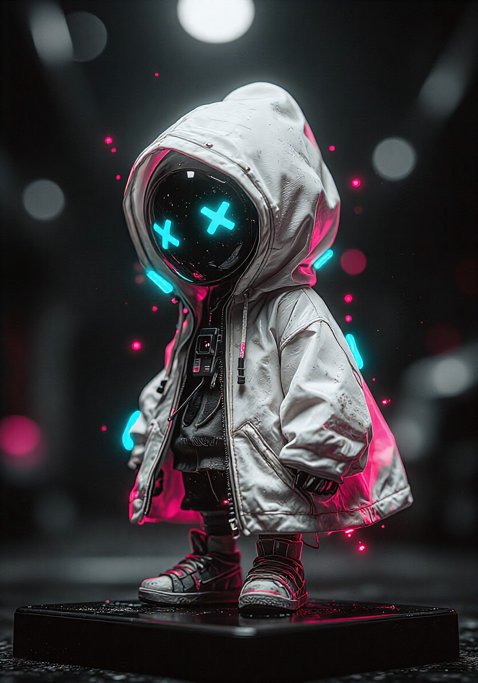 A small neon-hooded street spirit standing on a glossy black platform inside a dark cyber void, original vertical 2:3 composition with a different visual construction, low-angle full-body cinematic framing, oversized white rain poncho with soft sculptural folds, black glass faceplate glowing with cyan X-shaped eyes, tiny sneakers, dark layered clothes, small mechanical chest panel and hidden cables, turquoise and magenta light leaking from under the hood and sleeves, faint red sparks and abstract circuit fragments drifting in the background, no overall brightening, deeper denser blacks, heavier shadow mass, maximum dark negative space, charcoal, pearl white, electric cyan, hot magenta and restrained violet palette, cinematic 85mm lens with shallow depth of field, glowing face, hood rim and shoes as focal hierarchy, poncho folds and platform reflection creating strong vertical depth, moderately lowered exposure, readable but very deep shadows, controlled subdued highlights, soft highlight rolloff, softened micro-contrast, dreamy optical softness, subtle atmospheric diffusion, faint filmic haze, restrained halation around cyan and magenta lights, minimal chromatic aberration on neon edges, fine film grain, matte paper grain, delicate painterly tooth, organic printed-illustration patina, faint canvas-like microtexture, worn photographic texture, slight pigment granulation, velvety dry-brush transitions, tactile details in glossy visor, nylon fabric, scuffed sneakers, tiny scratches, wet reflections, dust and glowing particles, premium dark cinematic cute cyber-fantasy finish, clean geometry, no readable text.
