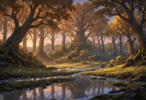 0r1_style, scenery, fantasy, masterpiece, best quality, highly detailed, sharp focus, scenic landscape, clear lake, forest, dramatic golden hour sunset lighting, misty atmosphere, wide angle cinematic composition, vibrant colors, intricate details