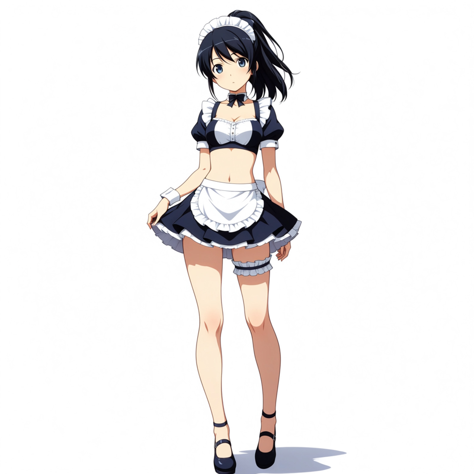(masterpiece:0.6), best quality, score_7, 
1girl is standing with full body., 
solo, 
1girl is ponytail, 
1girl is small breasts, 
1girl is wearing maid outfit and skirt, 
1girl is black hair, 
astyle, 
<lora:astyle-anima_v1_1024_8gb_bf16:0.8>