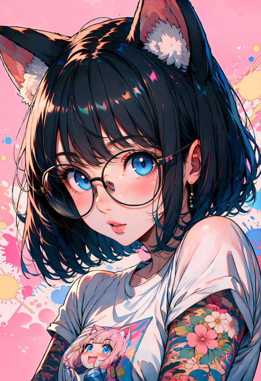 masterpiece, best quality, score_9, score_8_up, score_7_up, safe, newest, highres, absurdres, 1girl, cat girl, neko girl, cute girl, beautiful woman, black hair, short bob hair, messy bob cut, bangs, blue eyes, bright blue eyes, detailed eyes, large eyes, oversized glasses, black glasses, cat ears, fluffy cat ears, blush, rosy cheeks, glossy lips, pale skin, surprised expression, innocent expression, looking at viewer, beautiful face, perfect female face, face focus, upper body, close-up portrait, white t-shirt, graphic t-shirt, casual outfit, cute fashion, tattooed arms, floral tattoos, sleeve tattoos, colorful tattoos, anime illustration, anime art, kawaii aesthetic, cute anime girl, pastel aesthetic, pop art aesthetic, modern anime style, highly detailed, masterpiece illustration, premium character design, detailed hair strands, expressive eyes, soft skin, adorable appearance, playful personality, stylish girl, nerdy cute, geek chic, fashion aesthetic, pink background, pastel pink background, watercolor splash background, paint splatter background, clean composition, minimal background, soft lighting, studio lighting, ambient glow, rim lighting, vibrant colors, pastel palette, pink and white color scheme, blue eye contrast, soft shadows, high contrast details, kawaii atmosphere, playful mood, cheerful aesthetic, internet culture aesthetic, cute and quirky, visual impact, wallpaper masterpiece, trending artwork, award winning anime art, highly aesthetic, professional illustration, crisp lineart, depth of field, ultra detailed, 8k, premium rendering, breathtaking quality, social media aesthetic, character poster, cute fashion icon, adorable expression, (cat ears:1.6), (blue eyes:1.6), (oversized glasses:1.5), (cute girl:1.6), (kawaii aesthetic:1.5), (tattooed arms:1.4), (beautiful face:1.5), (detailed eyes:1.7), (pastel pink background:1.4), (masterpiece illustration:1.4), face focus, perfect female face, adorable neko girl, kawaii queen, cute masterpiece,A charming cat-eared girl with oversized glasses and bright blue eyes stares curiously at the viewer. Surrounded by soft pink tones and playful pastel aesthetics, her tattooed arms and stylish casual fashion create a perfect blend of cute, quirky, and modern anime character design.
<lora:anima-highres-aesthetic-boost:1.0> <lora:gpt-image-2_anima-base1_v1:0.7> <lora:AnimaNEWNSS8:1.0>