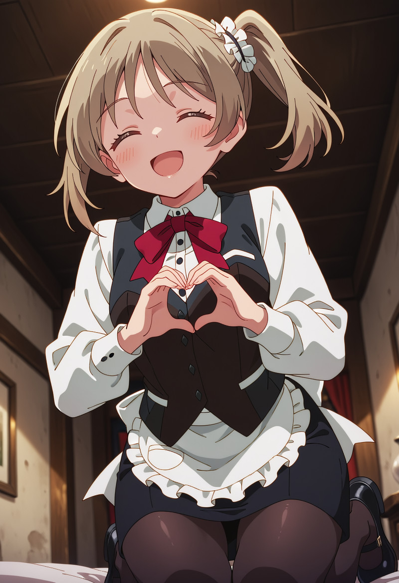 masterpiece, best quality, score_7, highres, absurdres, Heartfelt smile, closed eyes, hands near heart, anime 
