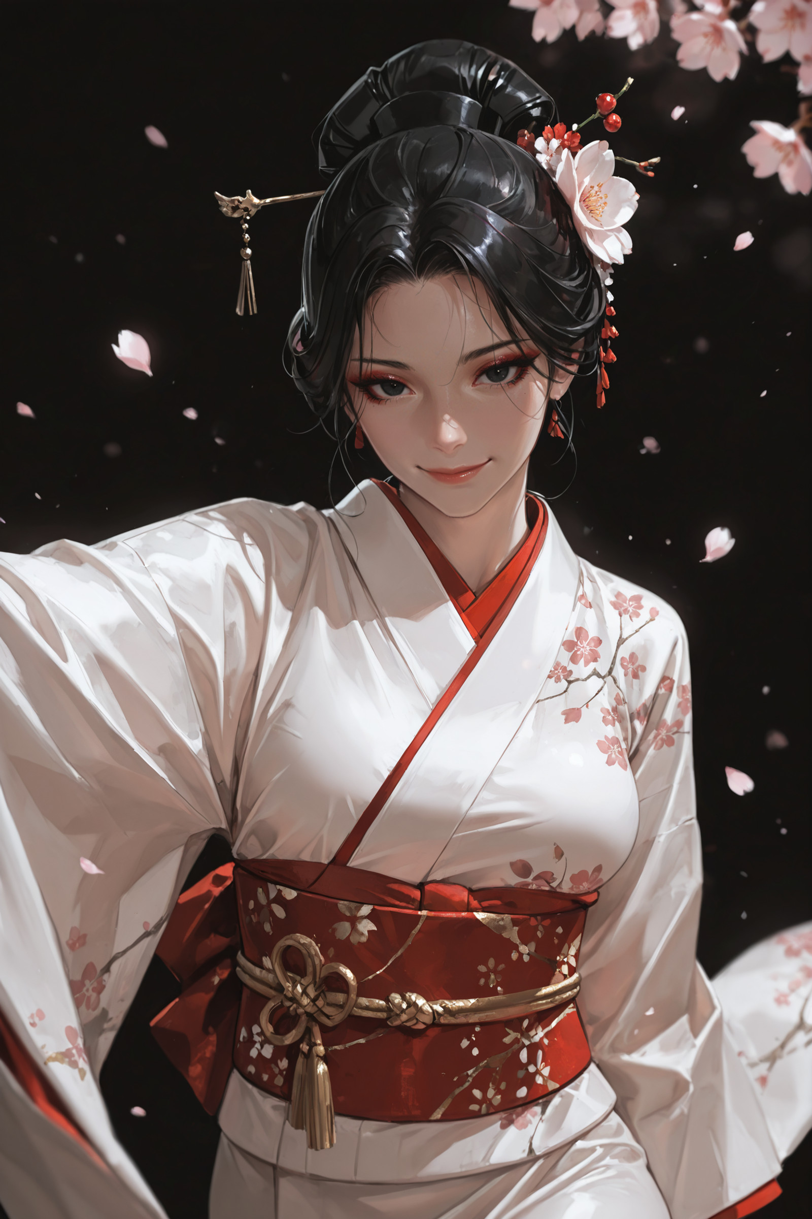 sexy female personification of Japan, red and white kimono inspired by national flag, sleek black hair styled in elegant updo, crimson obi sash, delicate floral hair accessories, pale flawless skin, captivating dark eyes, graceful pose, subtle smile, minimalist background with cherry blossoms, refined and alluring expression
 masterwork, masterpiece, best quality, detailed, depth of field, , high detail, best quality, very aesthetic, 8k, dynamic pose, depth of field, dynamic angle, adult, aged up