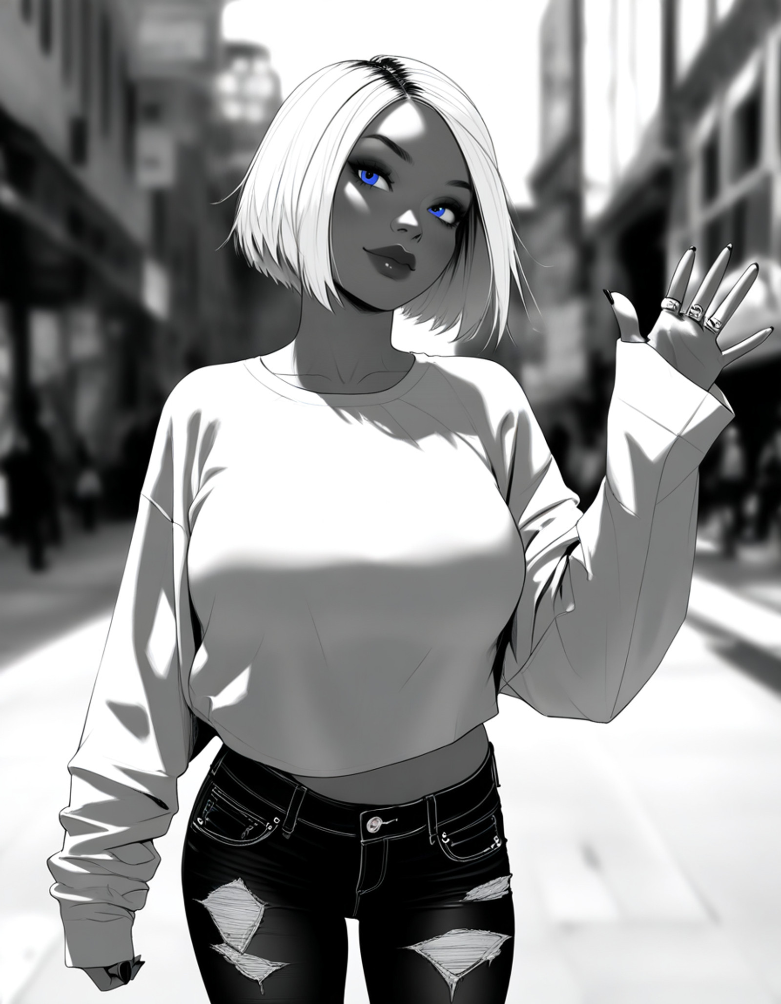 <lora:Utility_-_Detail_Enhancer_by_BSS_v3:0.75>, <lora:Utility_-_Visual_Enhancer_by_BSS:0.75>, 1girl, head tilt, streetwear, urban setting, cityscape blurry background, outdoors, oversized clothes, torn jeans, sleeves past wrists, hand up, contemporary, nail polish, lips, eyeshadow, nails, lipstick, eyeliner, rings, torn jeans, waving hand , (masterpiece, very aesthetic, very awa, newest, ultra-detailed, detailed textures, best quality, absurdres, 8k, correct anatomy:1), <lora:Character_-_Powergirl_from_DC_ILXL:0.7>,supergirl112,blonde hair blue eyes,short hair,large breasts,side part,bob cut,,<lora:Artist_Style_-_Yrvne_by_UTdT69_ILXL:1>,yrvn,monochrome,greyscale,spot color,hatching \(texture\),graphite \(medium\),sketch,pen_\(medium\),