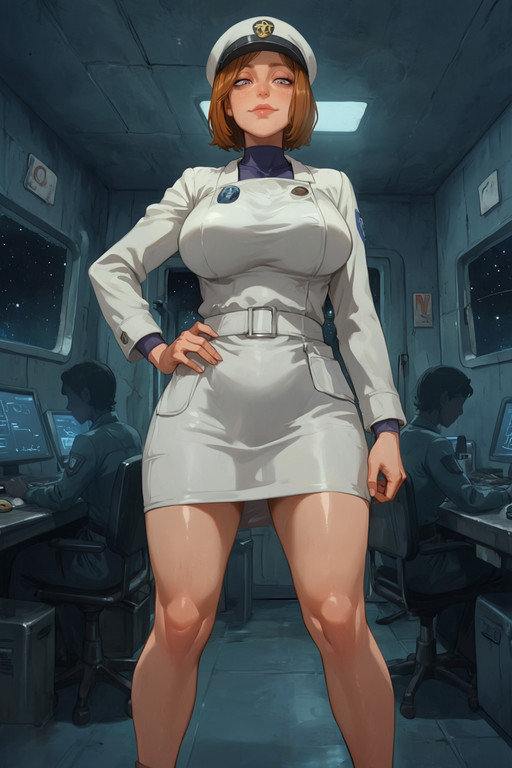 masterpiece, best quality, score_9,score_8,cl4r4,brown_eyes, freckles, short hair,
She is standing proud on the captain deck of a spaceship.she have a confident and cold expression.from below angle.she is in a control room of a giant spaceship ,she is wearing the all white uniform with cap, blazer and mini skirt of a space marine. shadow figures of operators working on computers behind her .we can see space and stars through windows on her side
