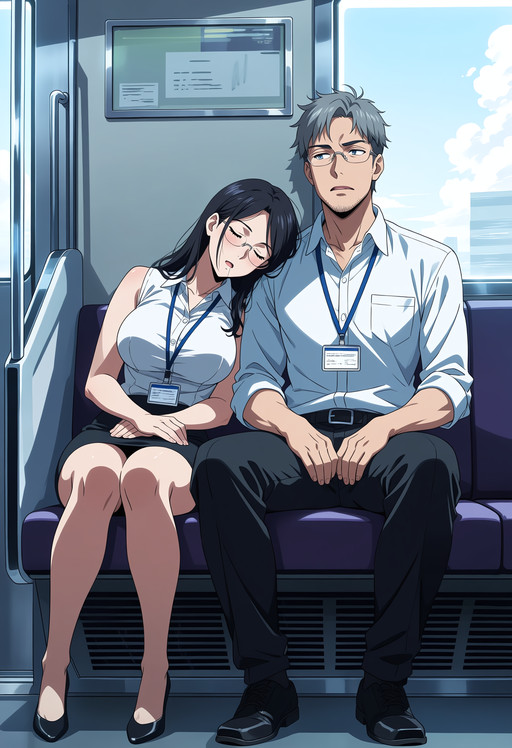 The art style has realistic proportion and mature face shape.
anime, anime coloring, anime screenshot.
1girl, sleeping on person, drooling, black hair, closed eyes, long hair, messy hair, curvy, mature female, office lady, large breasts, rimless eyewear, black high heels, lanyard, black pencil skirt, white sleeveless shirt.
1boy, embarassed, blush, middle aged, handsome, toned male, grey hair, stubble, white shirt, black pants, black shoes.
sitting, leaning on person, leaning to the side, train interior. A digital anime-style illustration. A mature office lady is sleeping on the train, leaning to the man beside her. The man looks embarassed from awkwardness because the sleeping lady is a stranger. The train interior has cool light and comfy mood.<lora:anima-turbo-lora-v0.2:0.8>