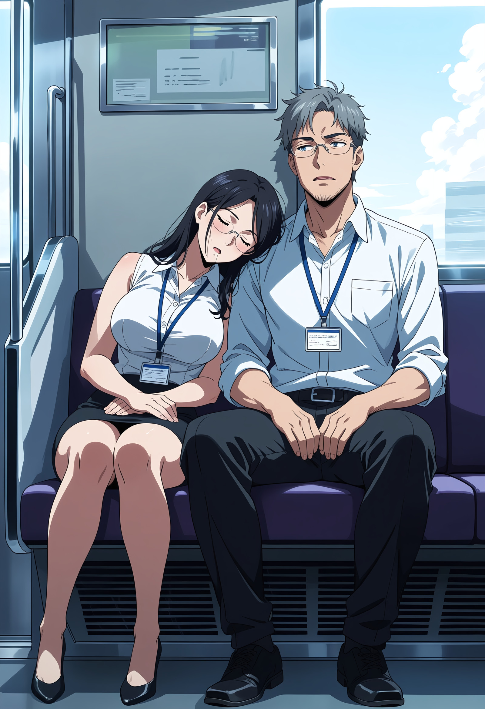 The art style has realistic proportion and mature face shape.
anime, anime coloring, anime screenshot.
1girl, sleeping on person, drooling, black hair, closed eyes, long hair, messy hair, curvy, mature female, office lady, large breasts, rimless eyewear,  black high heels, lanyard, black pencil skirt, white sleeveless shirt.
1boy, embarassed, blush, middle aged, handsome, toned male, grey hair, stubble, white shirt, black pants, black shoes.
sitting, leaning on person, leaning to the side, train interior. A digital anime-style illustration. A mature office lady is sleeping on the train, leaning to the man beside her. The man looks embarassed from awkwardness because the sleeping lady is a stranger. The train interior has cool light and comfy mood.<lora:anima-turbo-lora-v0.2:0.8>