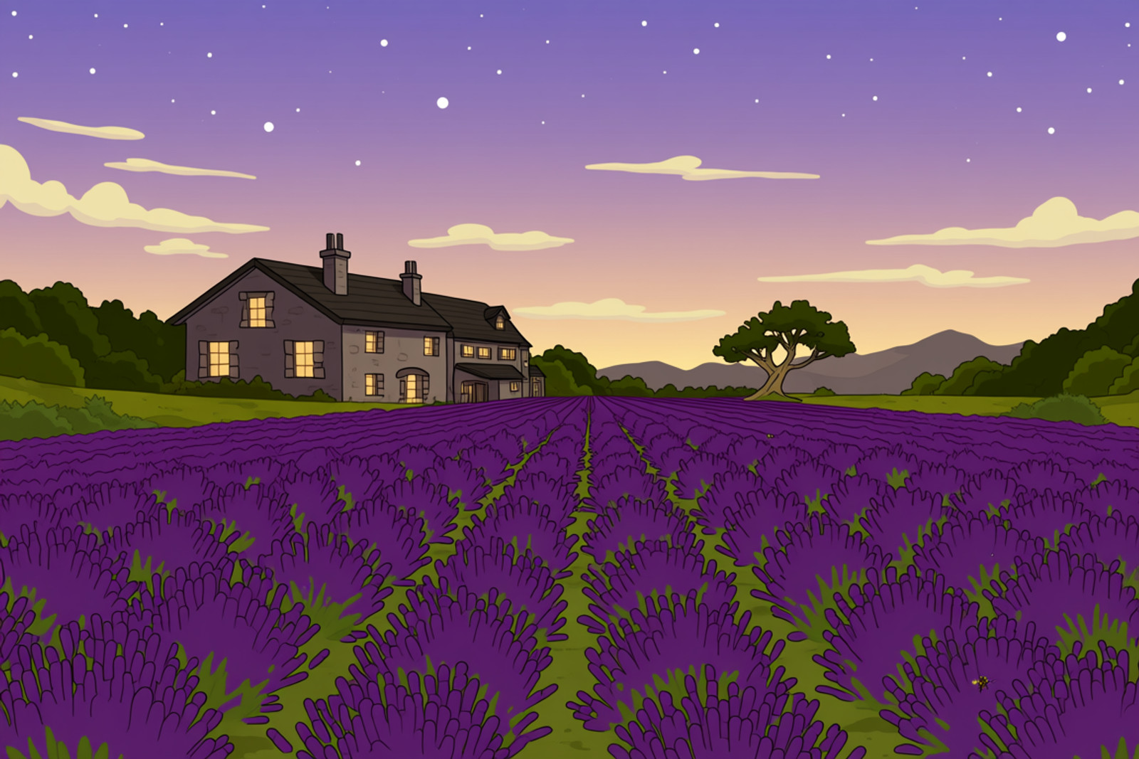 Futurama style image of endless rows of lavender stretching toward the horizon under a dusk sky. The neat, parallel rows of purple flowers create a rhythmic pattern that draws the eye into the distance. The sky transitions from warm gold and peach near the horizon to soft lavender and deepening blue overhead, with the first stars beginning to appear. An old stone farmhouse with shuttered windows sits among the farthest rows, its warm lights just beginning to glow. A single gnarled olive tree stands at the edge of the field. Bees hover lazily over the flowers in the last light. The air feels thick with the calming scent of lavender. The color palette is dominated by soft purples, warm golds, and cool blues. The scene is peaceful, fragrant, and timeless.
