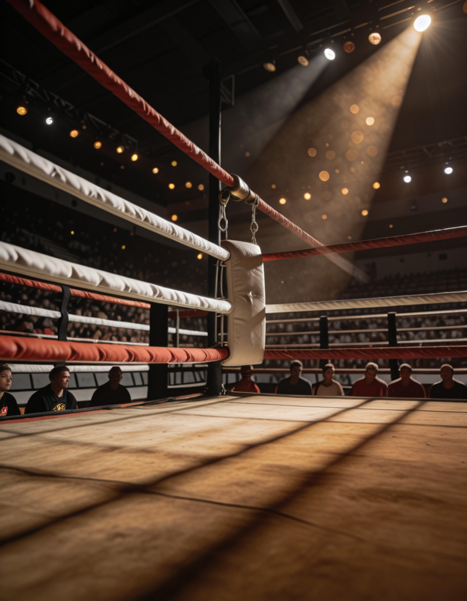 lowered background, boxing ring corner seen from inside the ring, interior view of ring corner, corner post with turnbuckle padding, red and white ropes stretching across the frame, canvas floor in foreground, view looking toward the corner, blurred crowd beyond the ropes, distant stadium seating, spectator silhouettes behind the ropes, overhead arena spotlights, dramatic top-down lighting, atmospheric haze, warm light beams cutting through the air, bokeh lights in the background, shallow depth of field, sports venue atmosphere 
boxing ring c0rn3r  <lora:boxing_ring_c0rn3r-i:1>, Masterpiece,best quality,hi res,8k,(sharp focus, intricate, highly detailed),