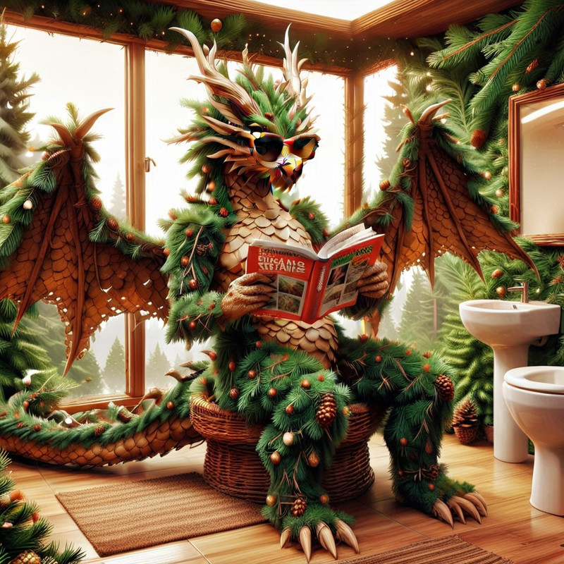 fir needles, bone fir needles Dragon, A massive humanoid dragon made of fir needles sitting on a toilet, has a
