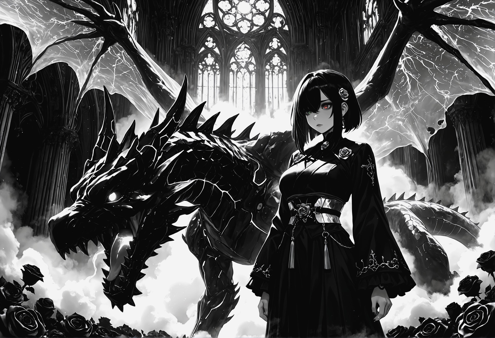 asterpiece, maria_rose:0.3, kaeranu_kaeru:0.3, waterring:0.3, sciamano:0.5,
1girl, glowing neon, cyberpunk, general, black and white monochrome, 
vibrant prism fog obi, vibrant smoke dragon vein collapse, gothic iron sorrow, gothic rose cathedral, surrealism