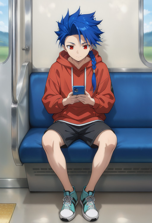 masterpiece, general, absurdres, newest, perfect quality, best quality, ambient occlusion, Setanta, 1boy, solo, blue_hair, single_braid, red_eyes, spiked_hair, anime_coloring, anime_screenshot, <lora:Setanta:1>, red hoodie, black_shorts, sitting, sneakers, train, train_interior, windows, day, looking_down, holding_phone, looking at phone, closed_mouth