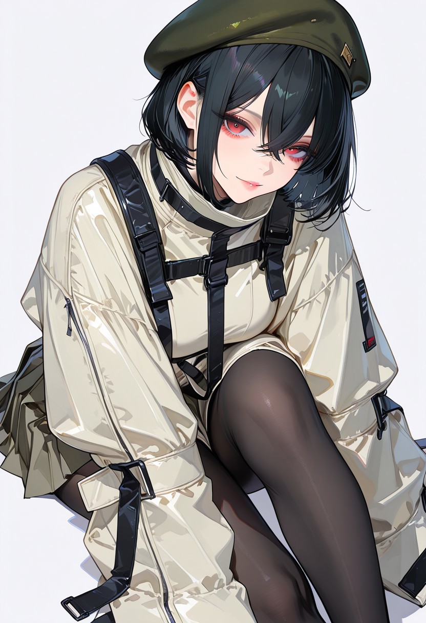 Semi-realism, ma1ma1helmes_b_illu, 
(masterpiece, best quality, very aesthetic, amazing quality, absurdres, newest, simple background), BREAK, 
mature female, long legs, looking at viewer, black hair, hair behind ear, bob cut, crossed bangs, red eyes, short hair, khaki jacket, techwear, straitjacket, olive beret, miniskirt, pleated skirt, pantyhose, sitting