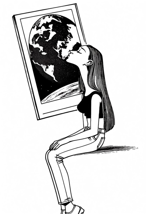 <lora:quino_ultimate_anima:1>
monochrome,
satirical cartooning, editorial cartooning, single frame,retro comic aesthetic,
1girl, slim body,long hair, top and jeans, she is watching a planet Earth picture, she looks peaceful,
inspiring tone.