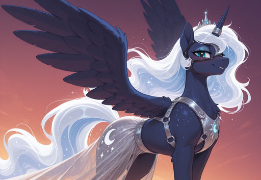 masterpiece, best quality, vibrant colors, sunset gradient background, featureless background, absurdres, newest, my little pony, safe, pony, feral, female, equid, solo, princess Luna (mlp), tall, long hair, elegant, slender, elaborate harness, (alternate design:1.4), sparkles, wisps, blush, confident, smile, rubies, metal ornaments, bridle, silk, glowing silver, arabic, indian, dress armor, posing, looking at viewer, wings, horn ring