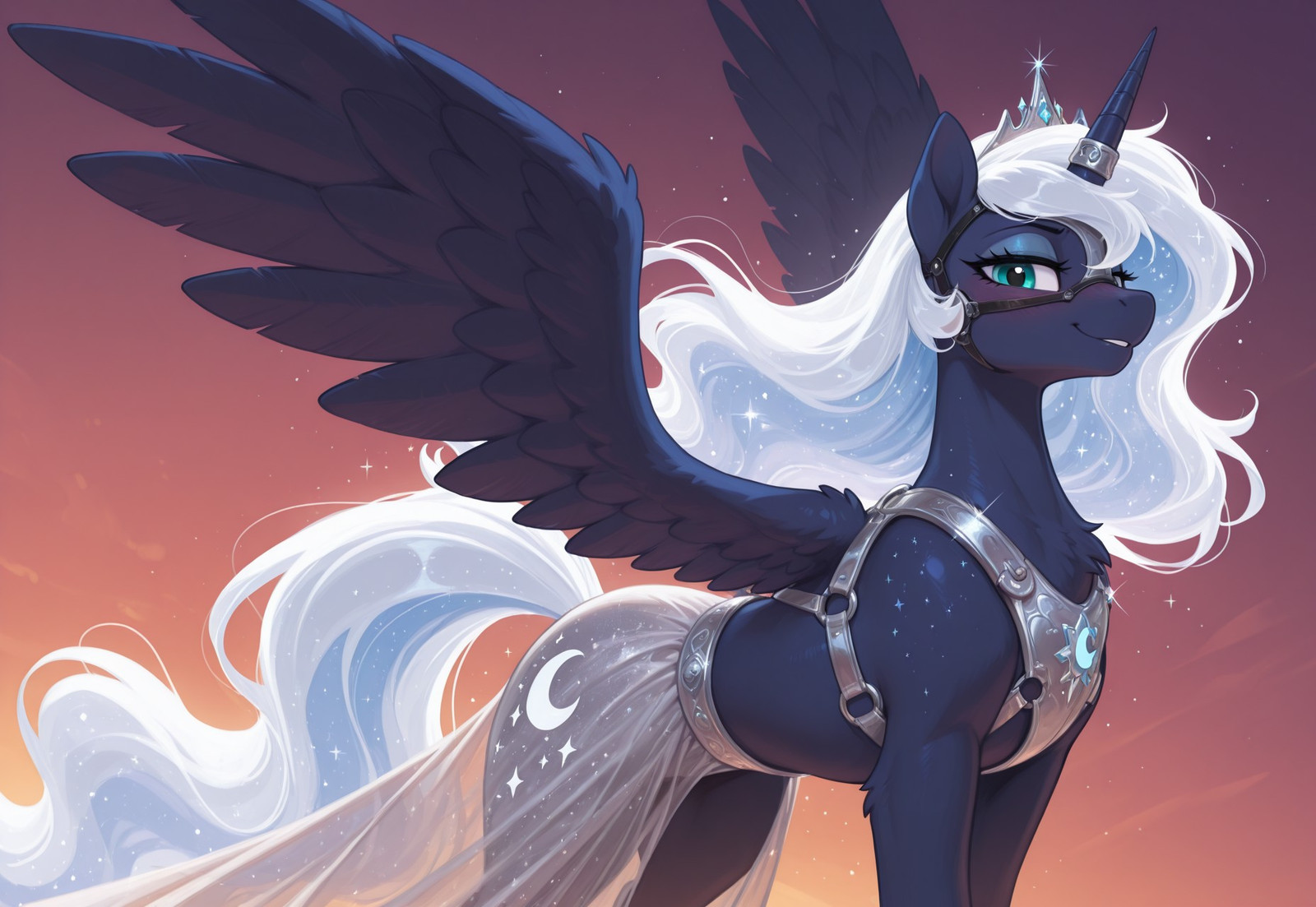 masterpiece, best quality, vibrant colors, sunset gradient background, featureless background, absurdres, newest, my little pony, safe, pony, feral, female, equid, solo, princess Luna (mlp), tall, long hair, elegant, slender, elaborate harness, (alternate design:1.4), sparkles, wisps, blush, confident, smile, rubies, metal ornaments, bridle, silk, glowing silver, arabic, indian, dress armor, posing, looking at viewer, wings, horn ring