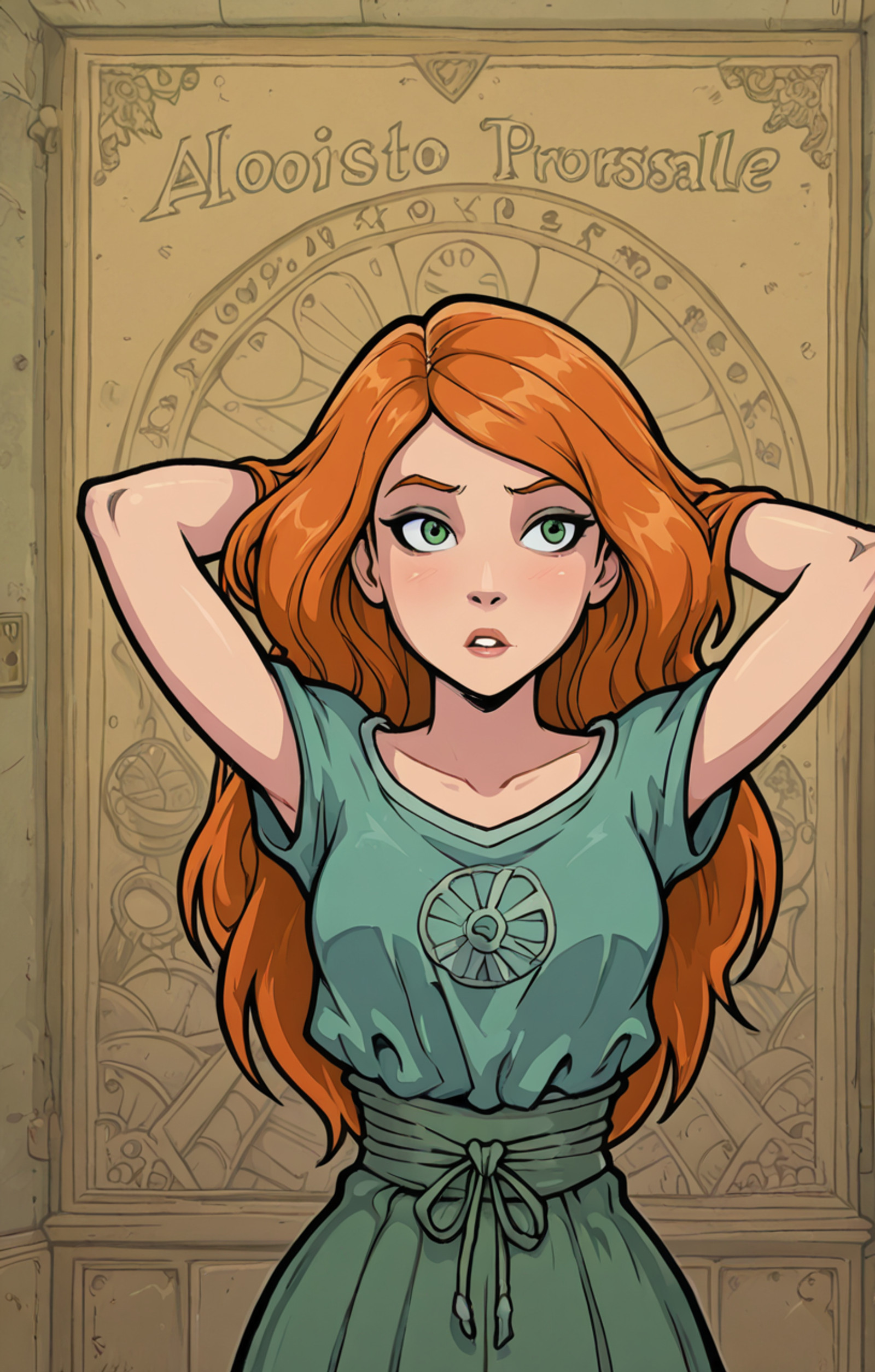 absurdres, detailed, 1girl, solo_focus, kim_possible, green_eyes, orange_hair, long_hair, straight_hair, eye_focus, parted_lips, collarbone, neck, (narrow_waist:0.6), arms_behind_head, aloe, story telling_contents, <lora:add-detail-xl:1.0316669951909112> <lora:Akabur_IllustriousV1:0.8640056240042431>akaburstyle, sharp focus zPDXLxxx sharp_LASCALAE ultra sharp, <lora:500SharpCivitai_Lascalae:0.6237880777661847> <lora:zy_Detailed_Backgrounds_v1:0.5522461250411279> newest, detailed_background,