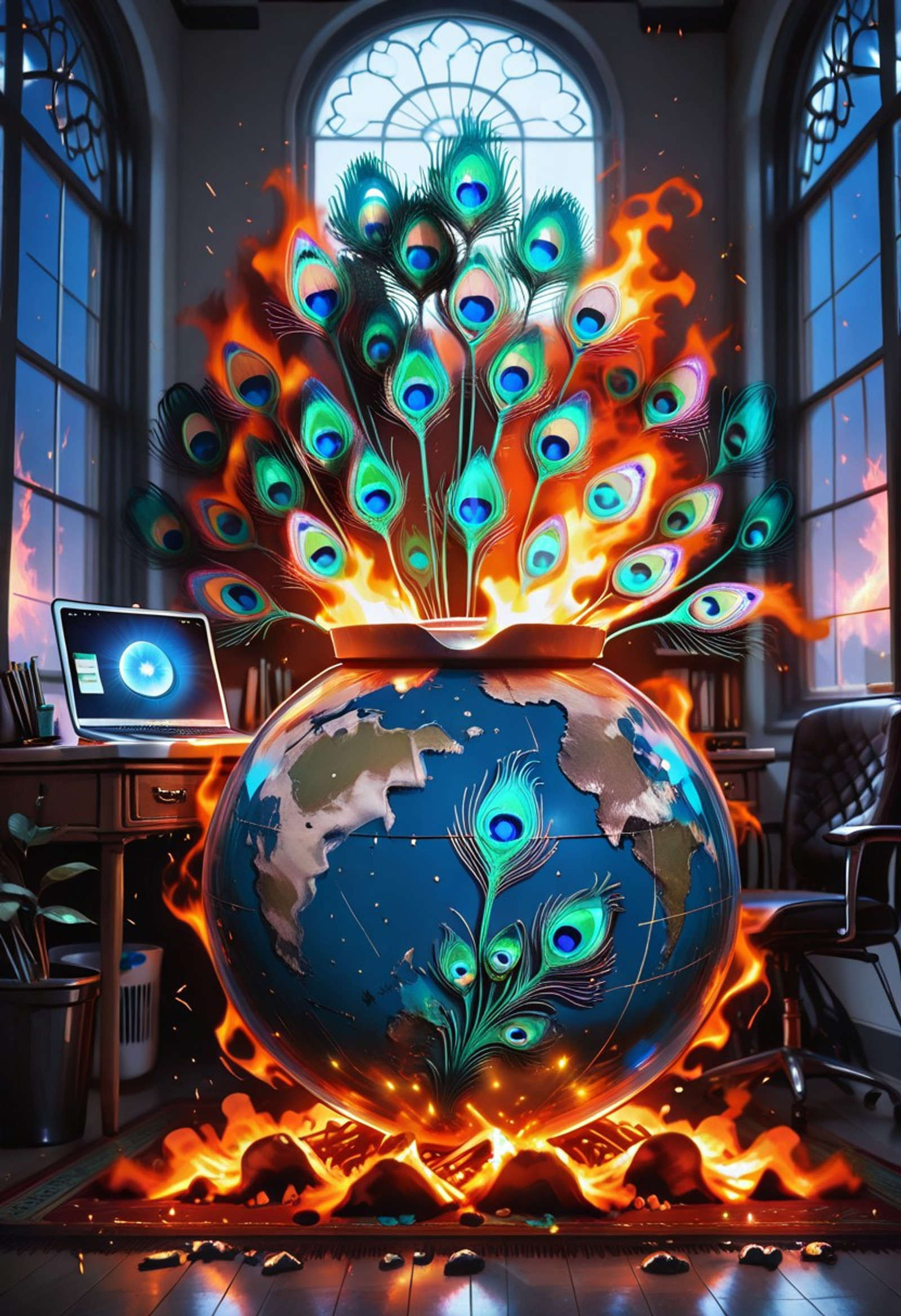lazypos, Peacock.

A cinematic, witty scene inside a messy home office. A flaming Phoenix is perched atop a trash can that has morphed into a pile of glowing embers. The desk, laptop, and chair are undergoing a "peacock-ify" transformation, sprouting long, elegant emerald plumes and vibrant blue "eye" patterns. The carpet is a literal meadow of peacock feathers. The window glass is fractured like a dropped globe, revealing a midnight sky. Saturated colors, unyielding shine, hyper-realistic textures.