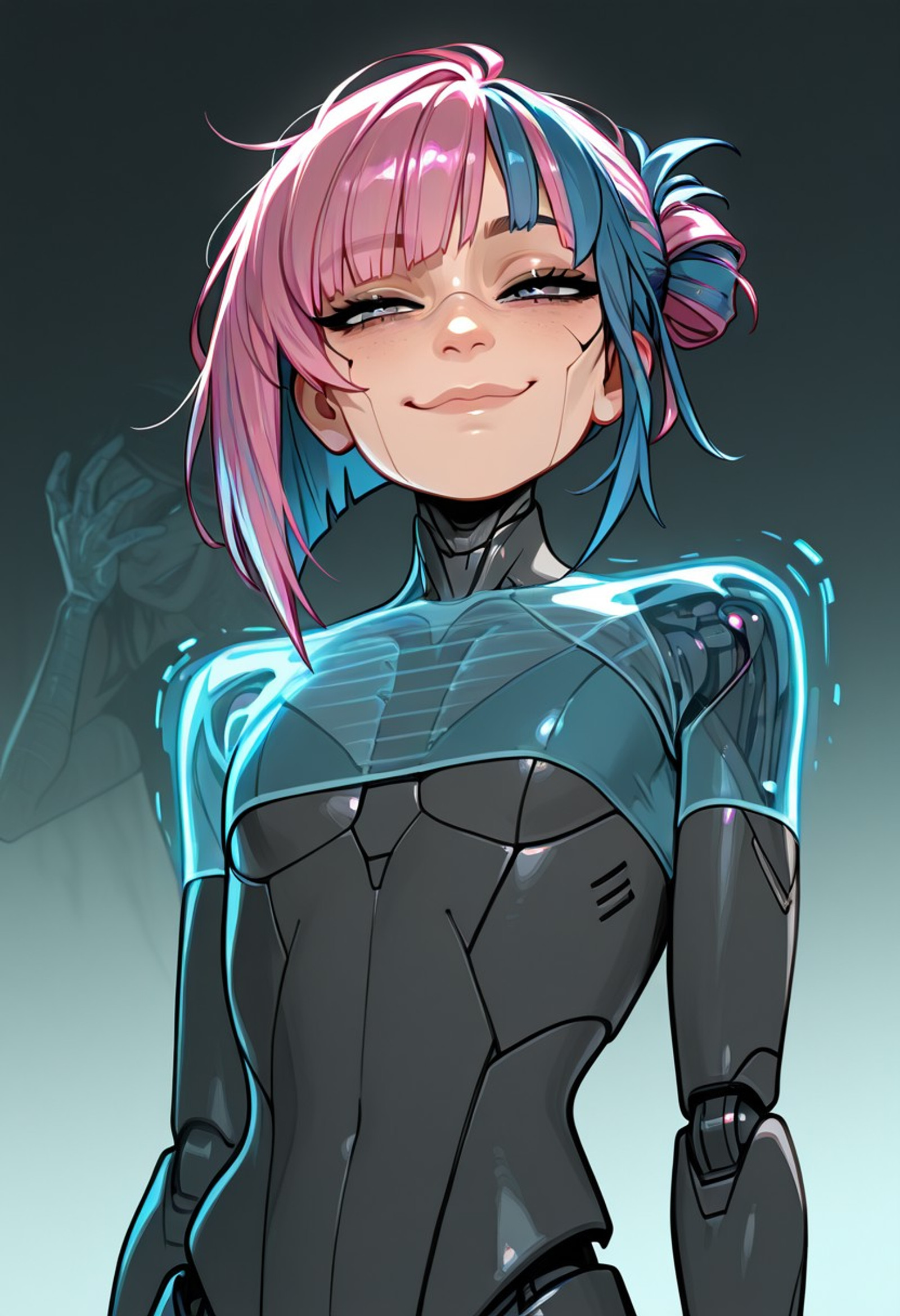 masterpiece, best quality, gradient, female, flat chest, slender, dynamic pose, hologram eyes, messy bangs, blue hair, pink hair highlights, asymmetrical bob hairstyle, smug expression, android body, face palm expression, cropped tshirt