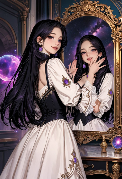 masterpiece, best quality, ultra detailed, absurdres, 8k, highly detailed, AAA game illustration, 2d animation semi realistic (1.2), 1girl, solo, 
<real world : beautiful korean woman, gentle expression, angelic smile, elegant white dress, long straight black hair, flowing hair, pure appearance, semi-realistic anime, anime realism, 2.5D anime, illustrated realism, visual novel CG, fantasy artwork, cinematic anime, standing before an ornate gothic mirror, Touching the mirror, facing the mirror>, 
mirror reflection showing an alternate self, dual personality concept, 
mirror reflection differs from reality, good self and dark self, 
<mirror world : sexy dress, pure appearance, mirror reflection wearing black gothic outfit, dark fantasy fashion, confident expression, mischievous smile, seductive aura, opposite color scheme, purple cosmic mirror, nebula inside mirror, galaxy effects, magic mirror, mirror portal, cosmic energy, floating particles, ethereal atmosphere>
ornate baroque interior, luxury gothic room, fantasy palace, 
dreamlike atmosphere, dark fantasy environment, cinematic composition, dramatic perspective, depth of field, soft rim light, volumetric fog, ambient lighting, high contrast, rich shadows, extremely detailed eyes, extremely detailed hair, detailed fingers, realistic fabric folds, detailed embroidery, sharp focus, professional concept art