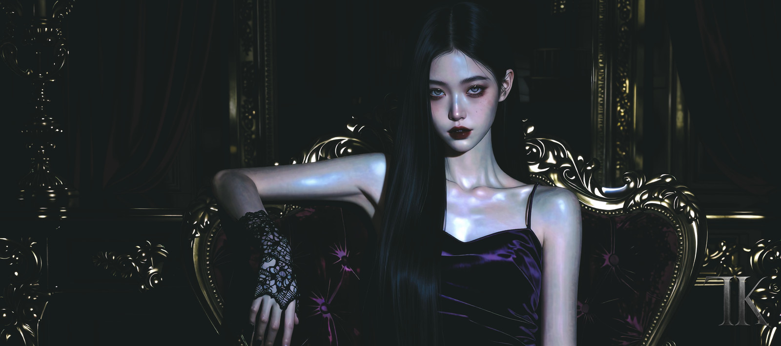 A breathtaking, masterpiece cinematic gothic couture portrait, captured in a medium shot framing the subject from the waist up, embodies velvet-drenched nocturnal elegance within a dim, aristocratic chamber saturated with baroque textures and heavy draped fabrics, where the figure leans lightly against ornate furniture, exuding an elegant, melancholic atmosphere inspired by classical portrait painting and a sense of quiet decadence, all sculpted by dramatic rim lighting and deep shadow composition that emphasizes chiaroscuro, volumetric lighting, and profound depth of field, creating an introspective and enigmatic mood; the subject, a mid-twenties East Asian (Japanese/Korean) individual with a heart-shaped face, high cheekbones, a narrow jaw, and almond icy gray eyes that hold a bruised romantic look with soft under-eye shadowing, possesses a straight delicate nose, soft full lips with a subtle cupid bow accentuating a dark burgundy matte lipstick, and very long, ultra-sleek straight hair with a precise center part and smooth, controlled fall of soft black color, set against very fair, smooth porcelain-like skin with cool to neutral undertones, possessing a tall lean build and subtle curves, accessorized with a vintage-cut silk slip dress and lace gloves, embodying an elegant gothic sensuality; the image is ultra-detailed, high resolution 4k, rendered with absurdres, newest fidelity, focusing on the exquisite interplay of light and shadow to highlight every detail of the luxurious surroundings and the subject's calm, observational gaze, further enhanced by short natural nails and matte black nails, resulting in a timeless, exquisitely aesthetic vision of aristocratic solitude and nocturnal beauty., Nijireol